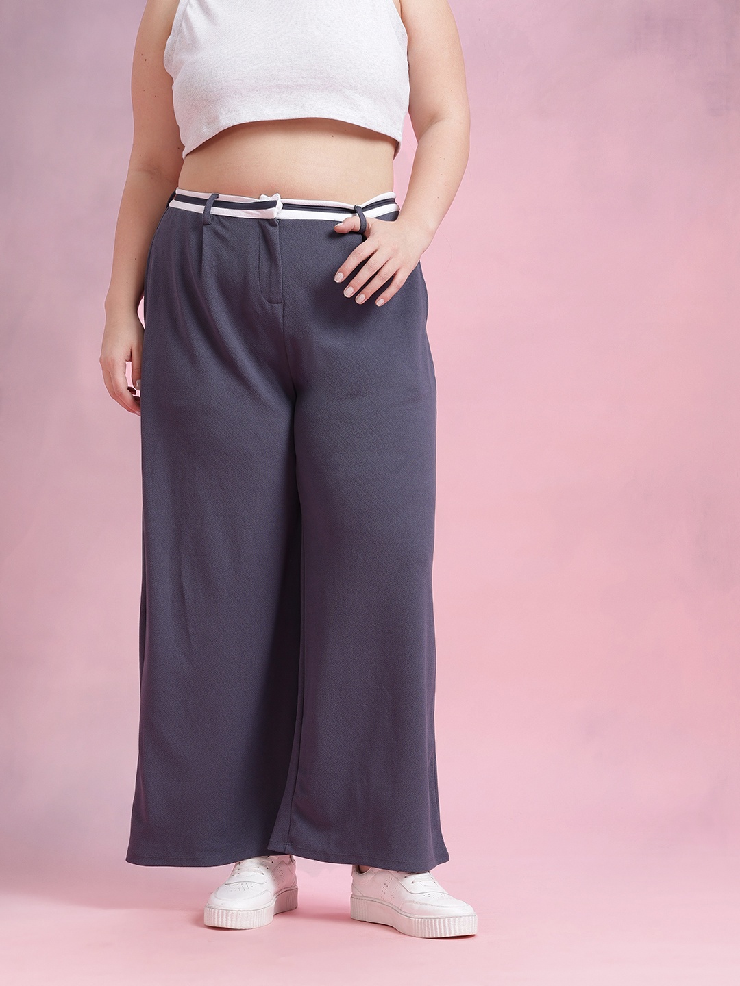 

DressBerry Curve Women Contrast Waistband Trousers, Grey