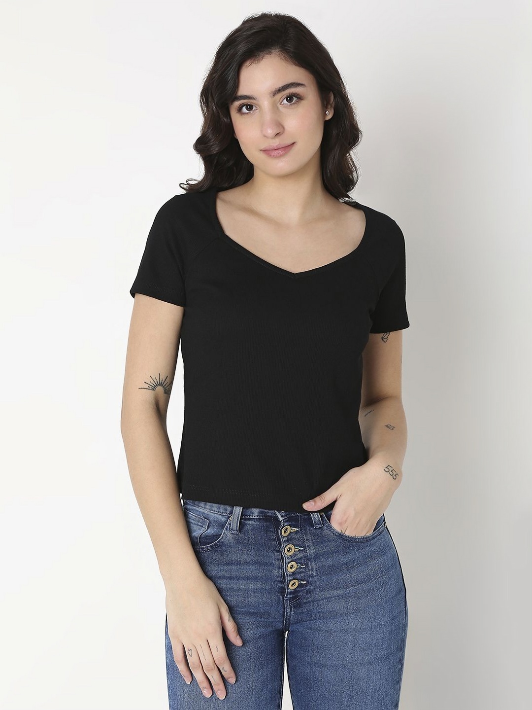 

SPYKAR Women Solid V-Neck Cotton Slim Fit T-Shirt, Black
