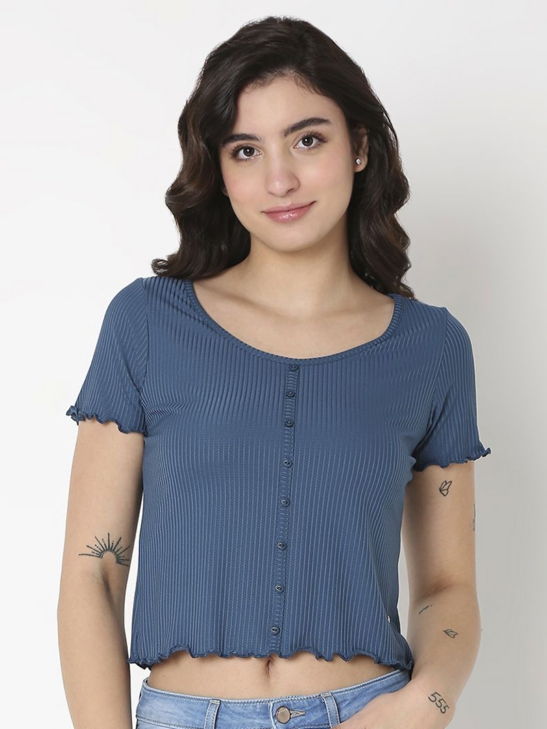 

SPYKAR Women Henley Neck Pockets Slim Fit T-shirt, Blue