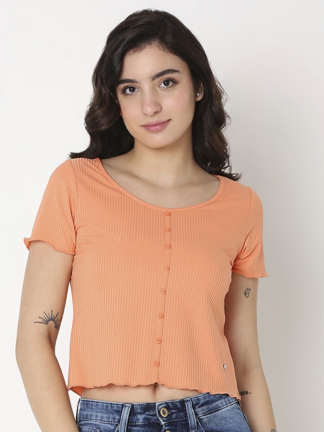 

SPYKAR Women Solid Round Neck Cotton Slim Fit T-Shirt, Orange
