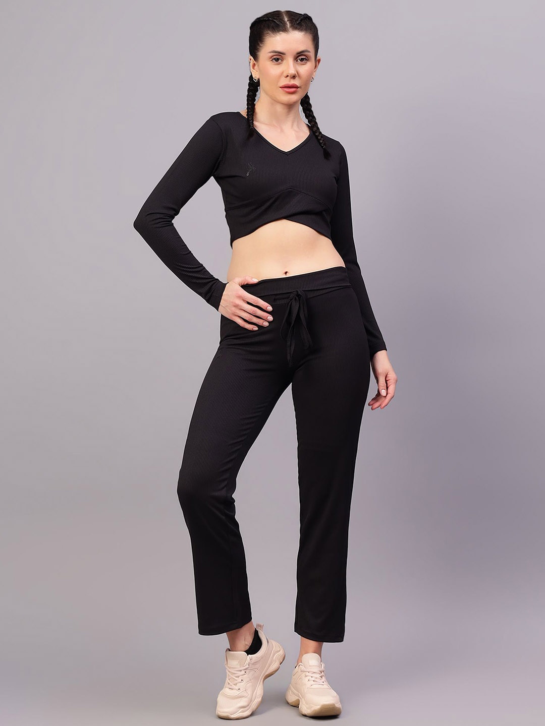Trenz Ribbed Crop Top With Trouser, Black