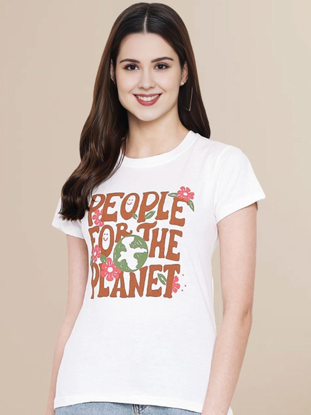 

Fabflee Women Typography Printed Round Neck Cotton T-shirt, White