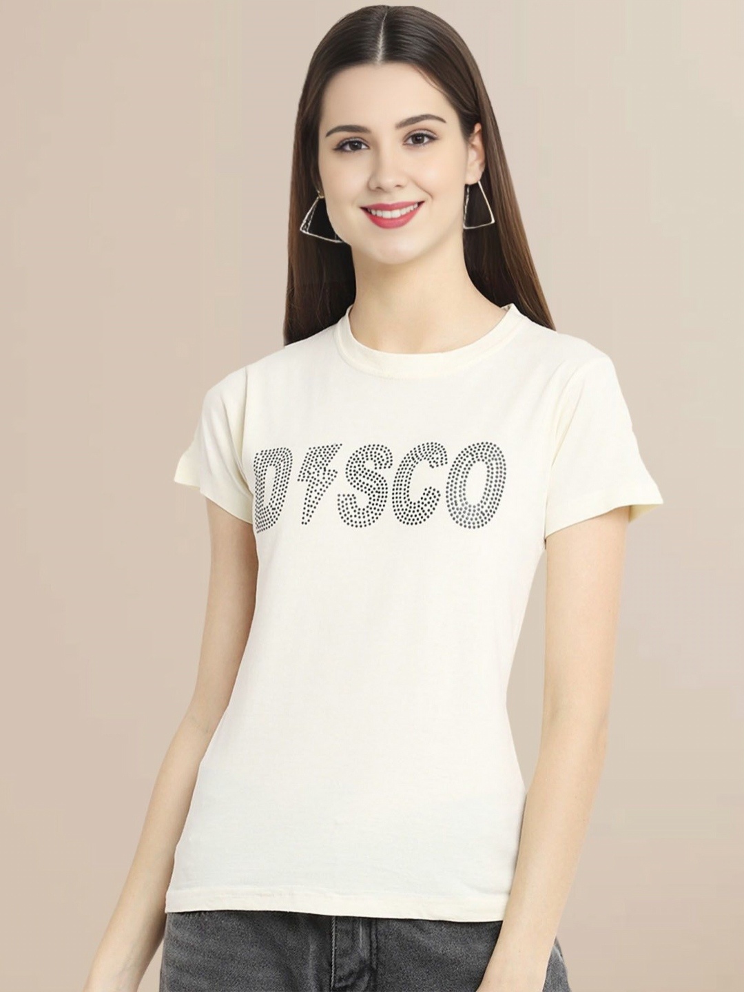 

Fabflee Women Typography Solid Round Neck Cotton T-shirt, White