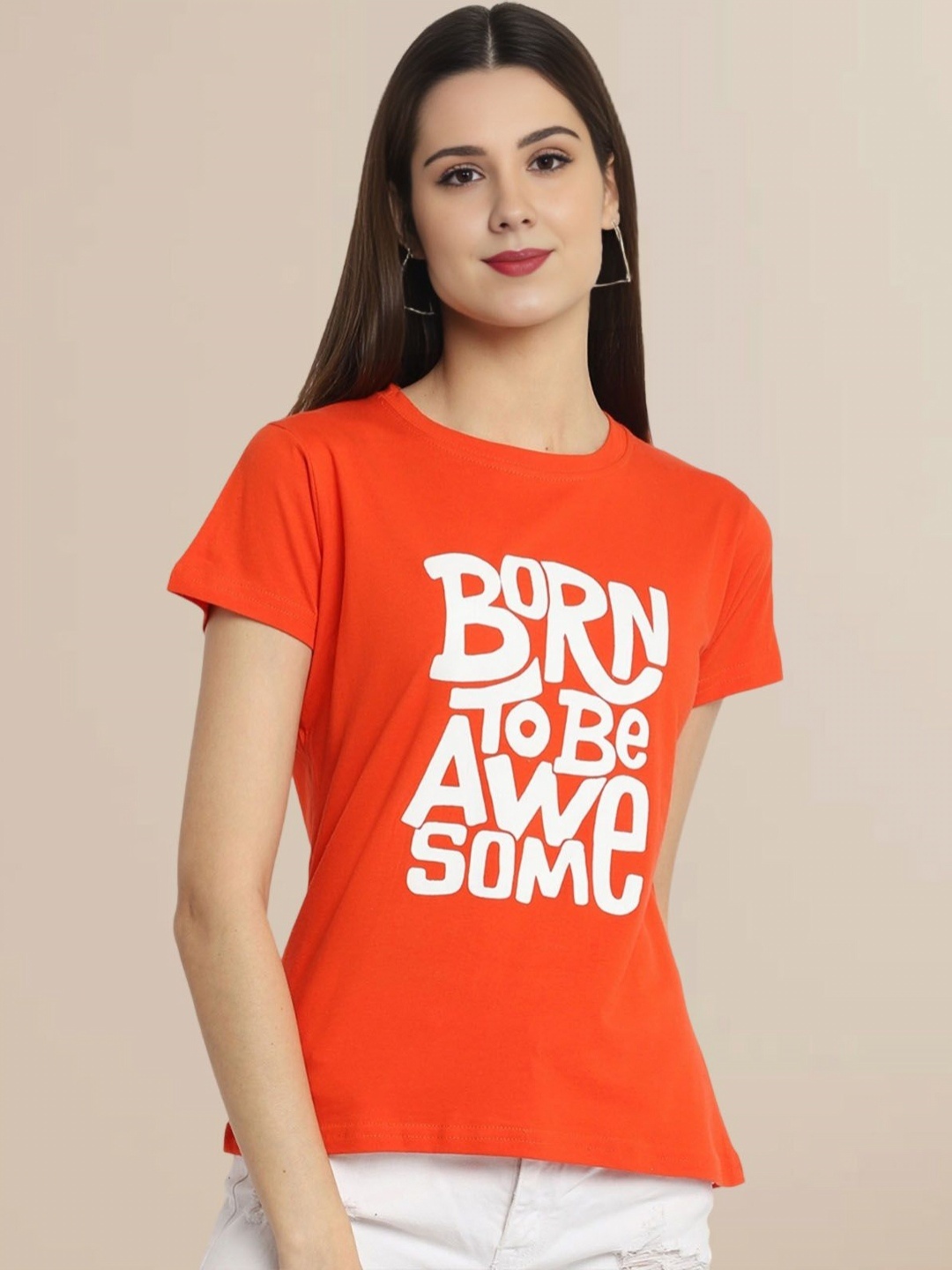 

Fabflee Women Typography Printed Round Neck Cotton T-shirt, Orange