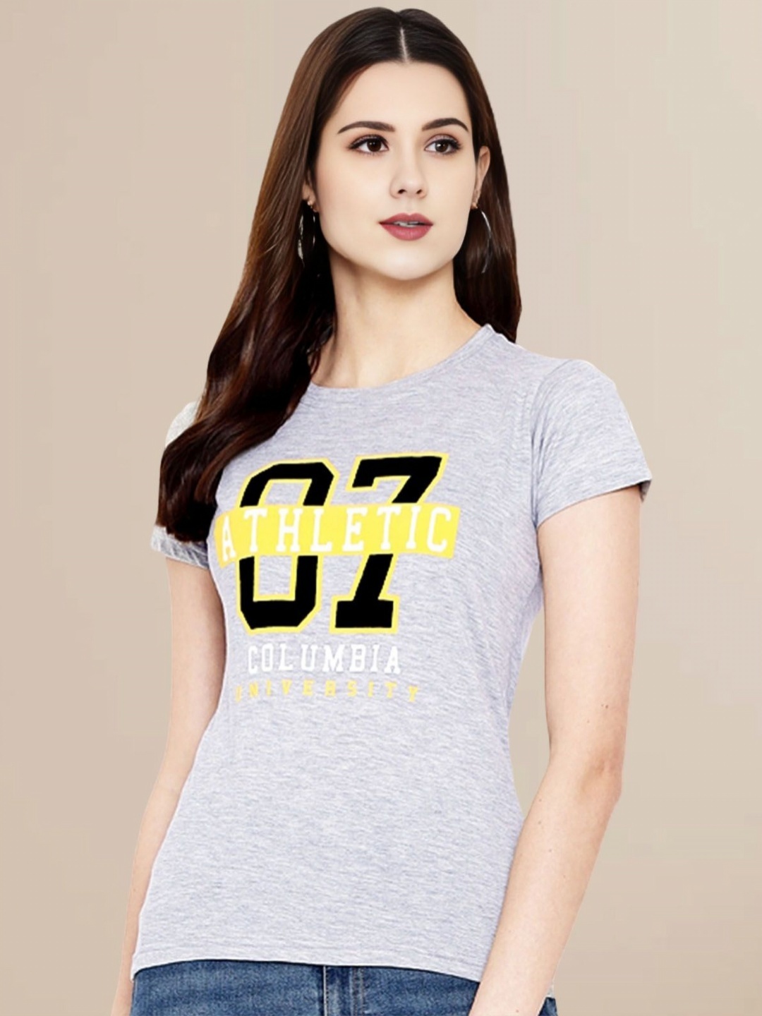 

Fabflee Women Typography Printed Round Neck Pure Cotton Slim Fit Casual T-Shirt, Grey