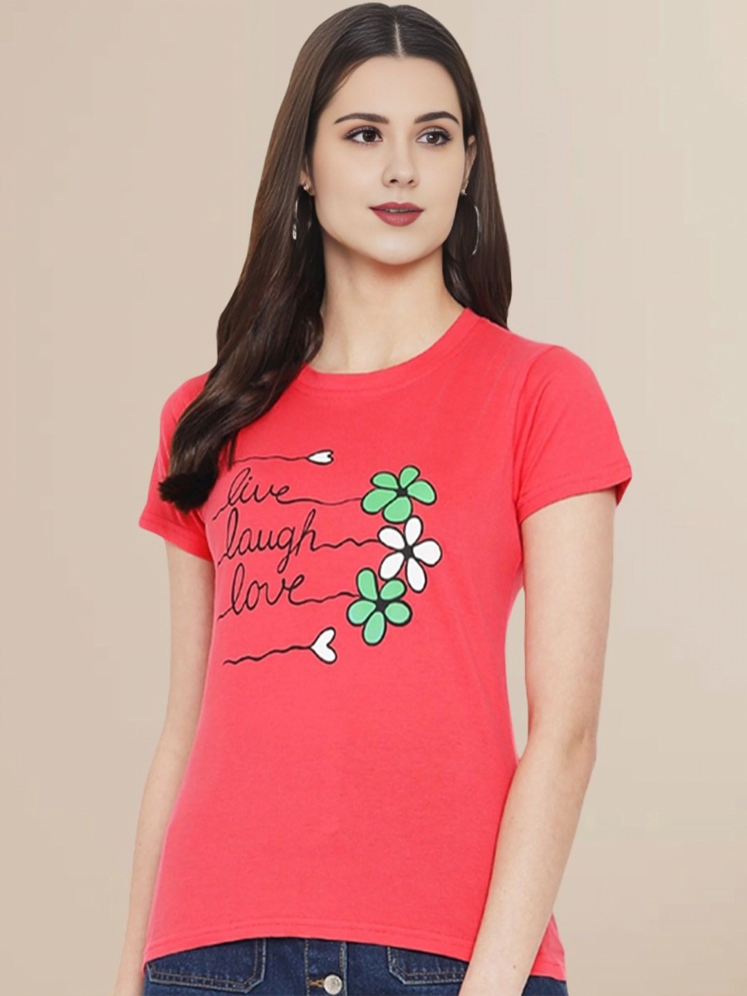 

Fabflee Women Typography Printed Round Neck Pure Cotton Slim Fit Casual T-Shirt, Red
