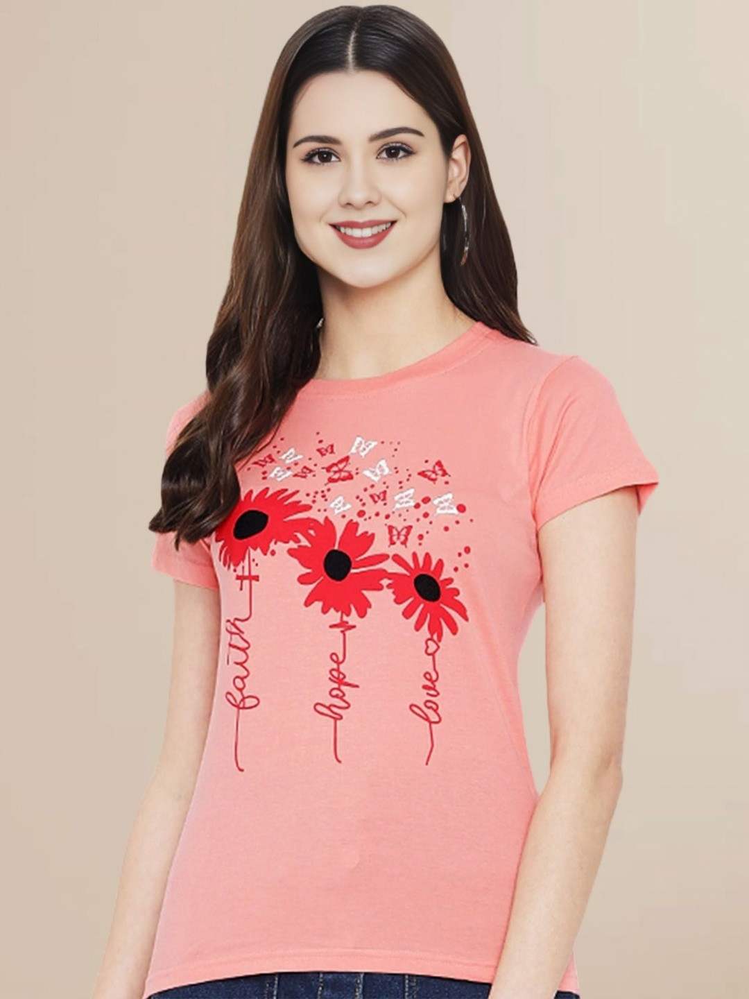 

Fabflee Women Typography Printed Round Neck Pure Cotton Slim Fit Casual T-Shirt, Pink