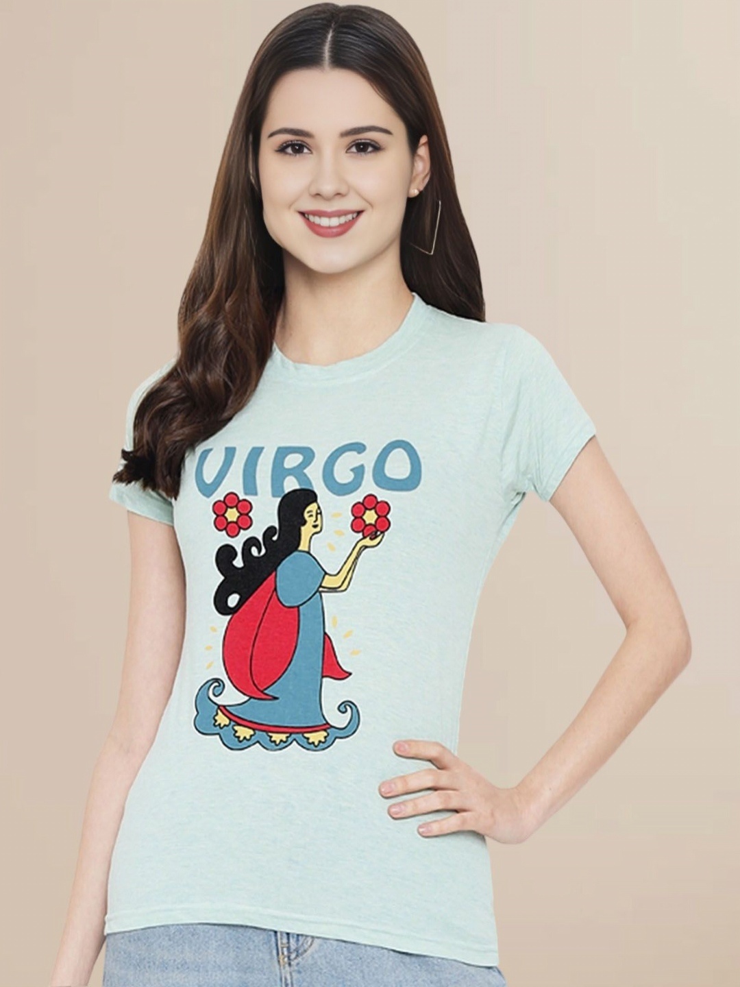 

Fabflee Women Graphic Printed Round Neck Cotton T-shirt, Blue