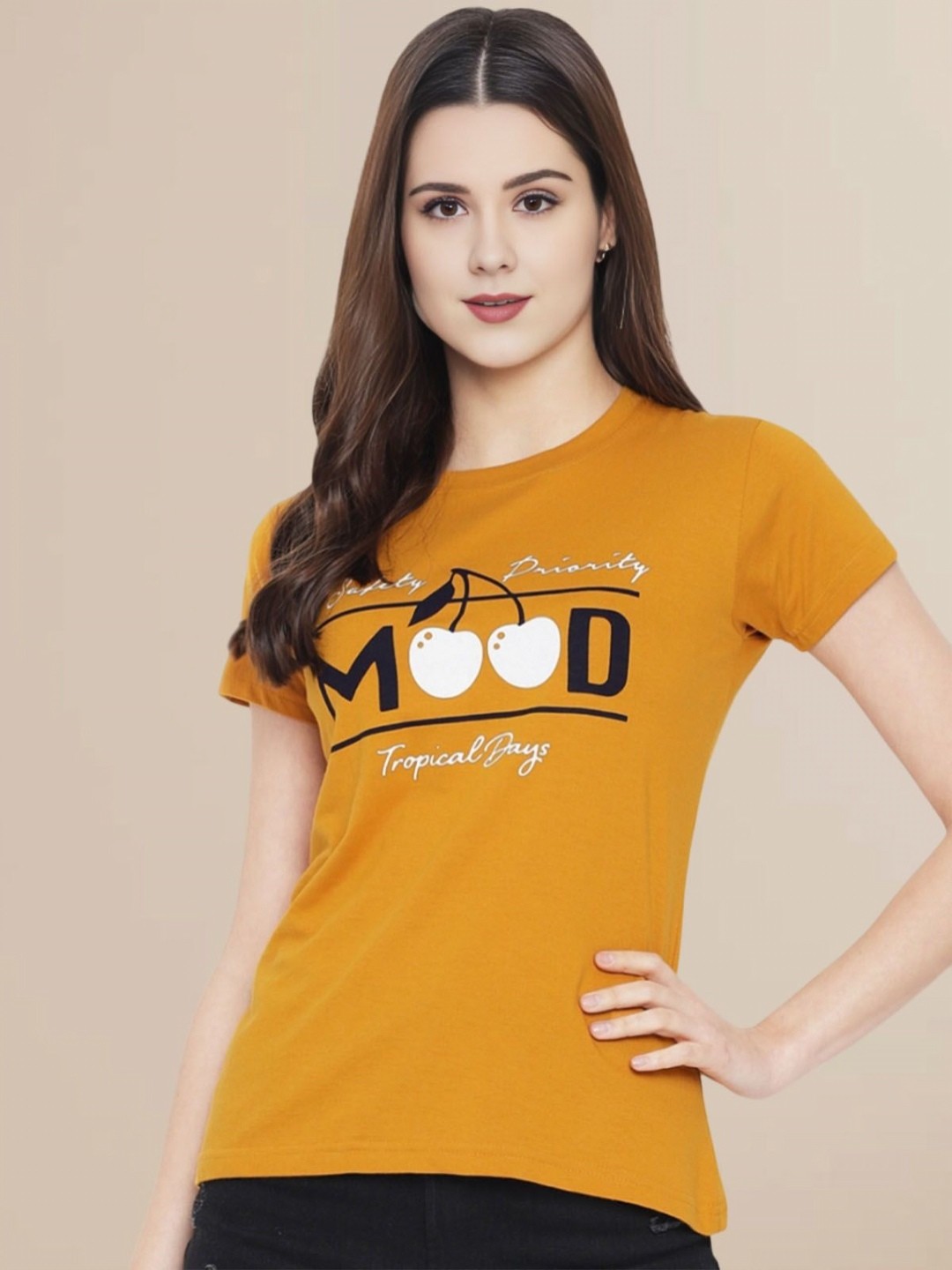 

Fabflee Women Typography Printed Round Neck Pure Cotton Slim Fit Casual T-Shirt, Mustard