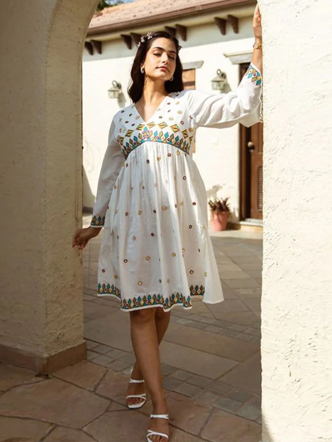 

Navvi Women Floral Flared Sleeve Fit & Flare Dress, White