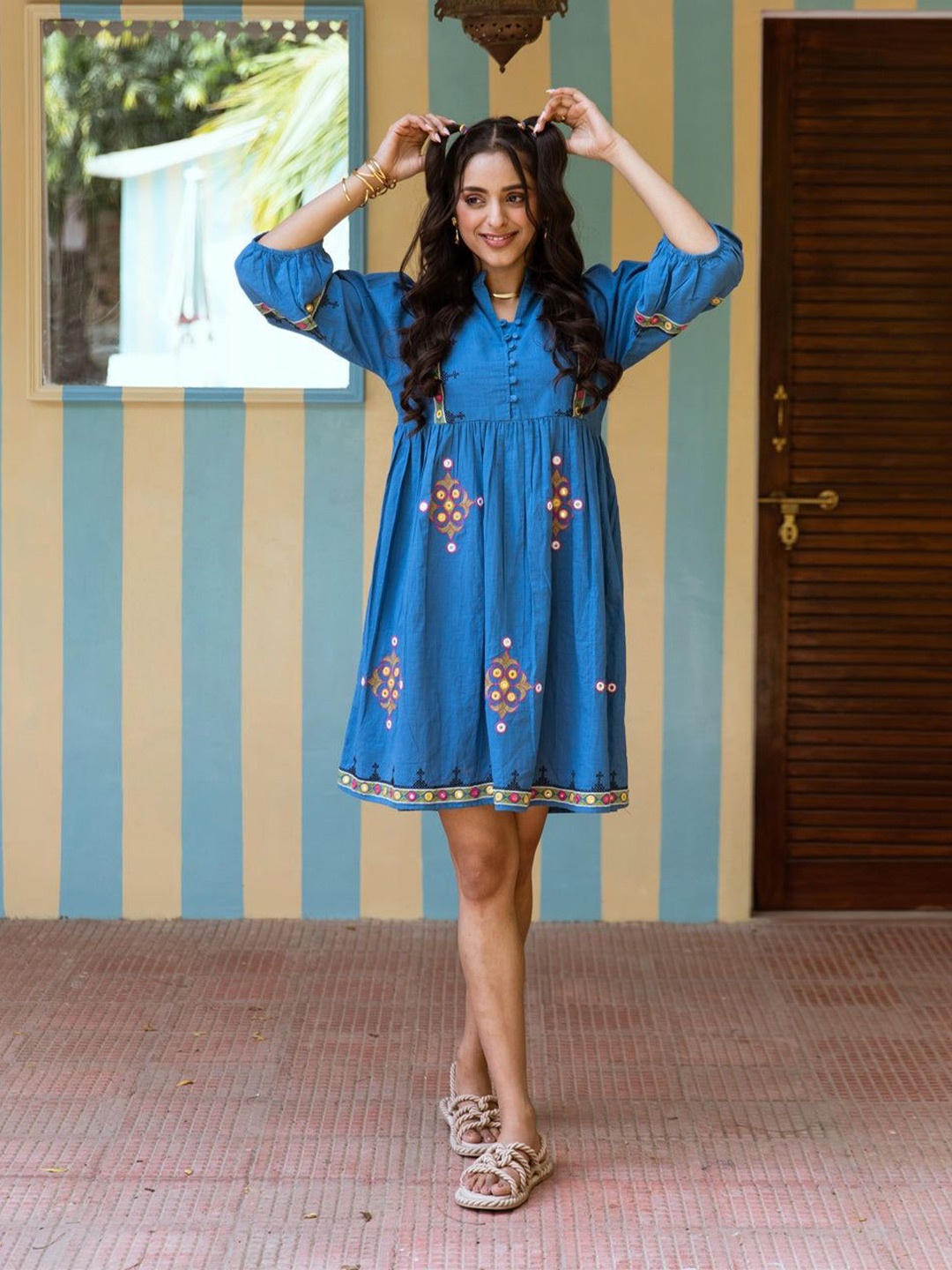 

Navvi Ethnic Motifs Embroidered Cotton A-Line Dress, Blue