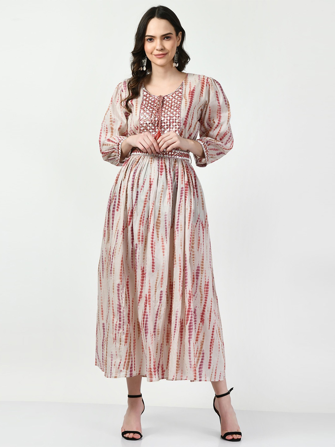 

Navvi Women Embelished Cotton Fit & Flare Dress, Peach