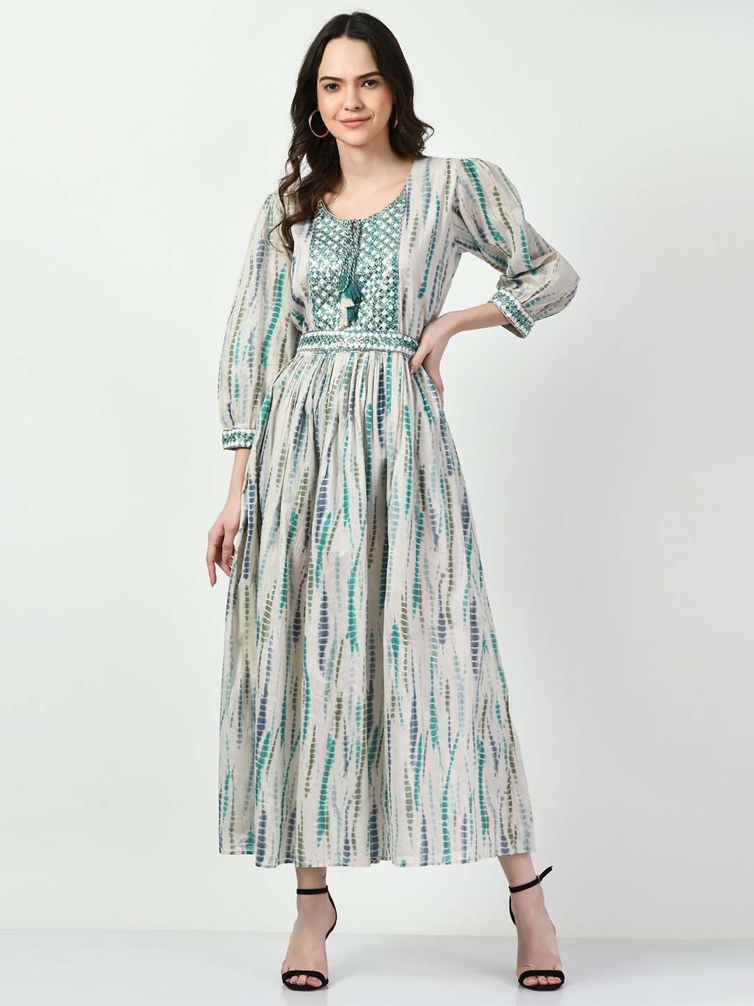 

Navvi Printed Puff Sleeve Fit and Flared Maxi Dress, Off white