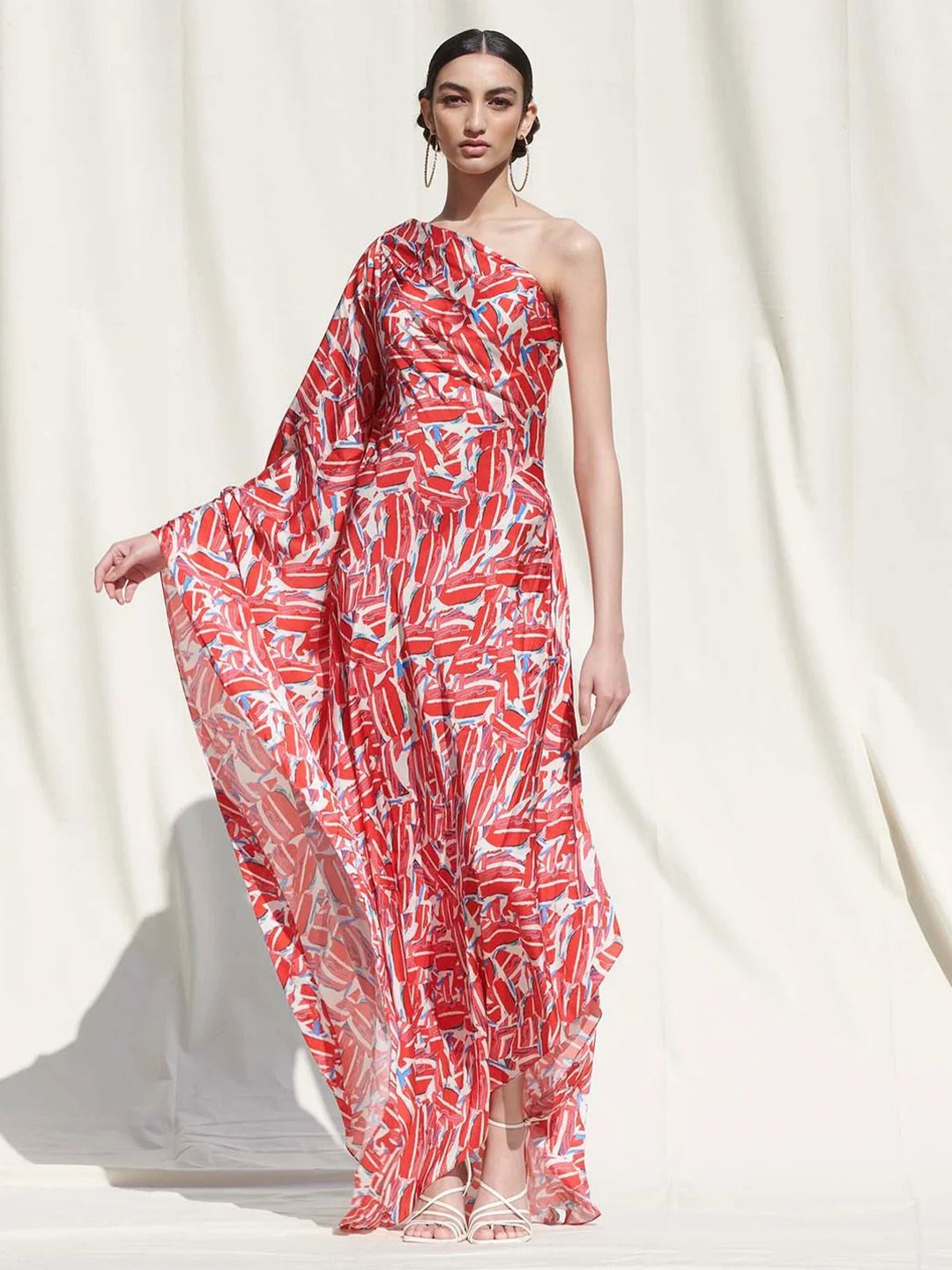 

Navvi Printed One Shoulder Satin A-Line Maxi Dress, Red