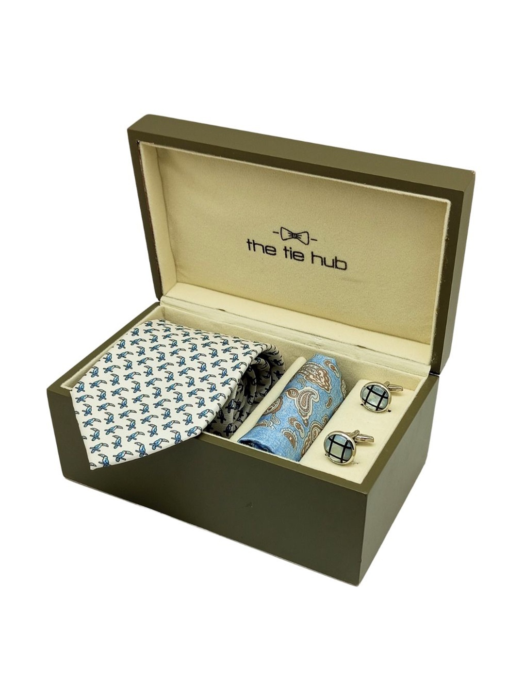 

The Tie Hub Men Accessory Gift Set of Silk Necktie with Silk Pocket Square & Cufflink, White