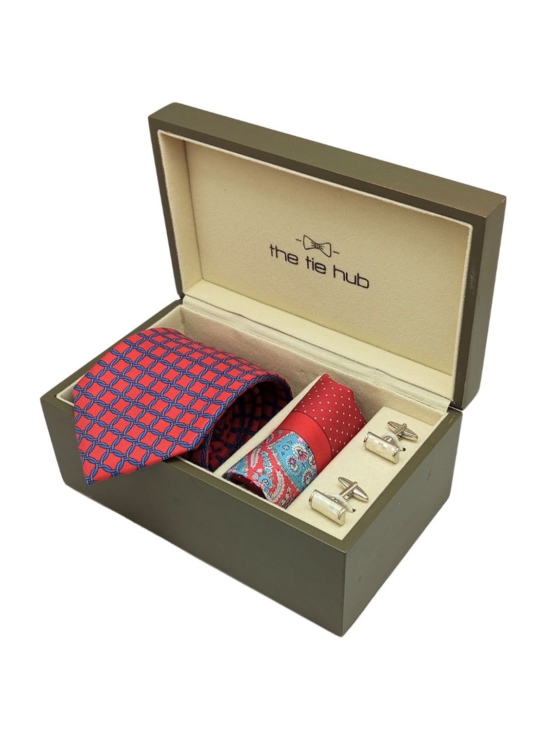 

The Tie Hub Men Accessory Gift Set of Silk Necktie with Silk Pocket Square & Cufflink, Red