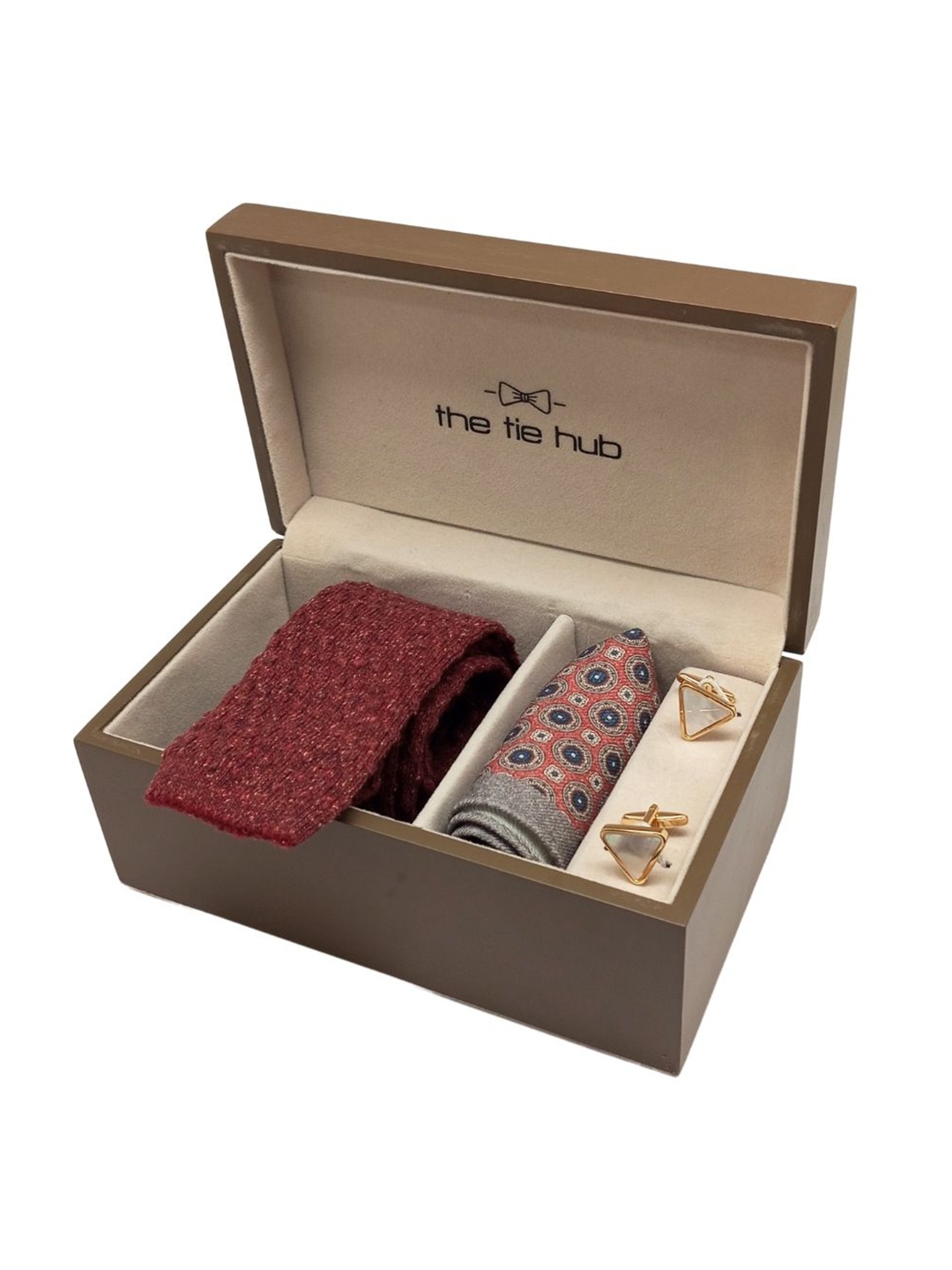 

The Tie Hub Men Accessory Gift Set of Silk Necktie with Silk Pocket Square & Cufflink, Red