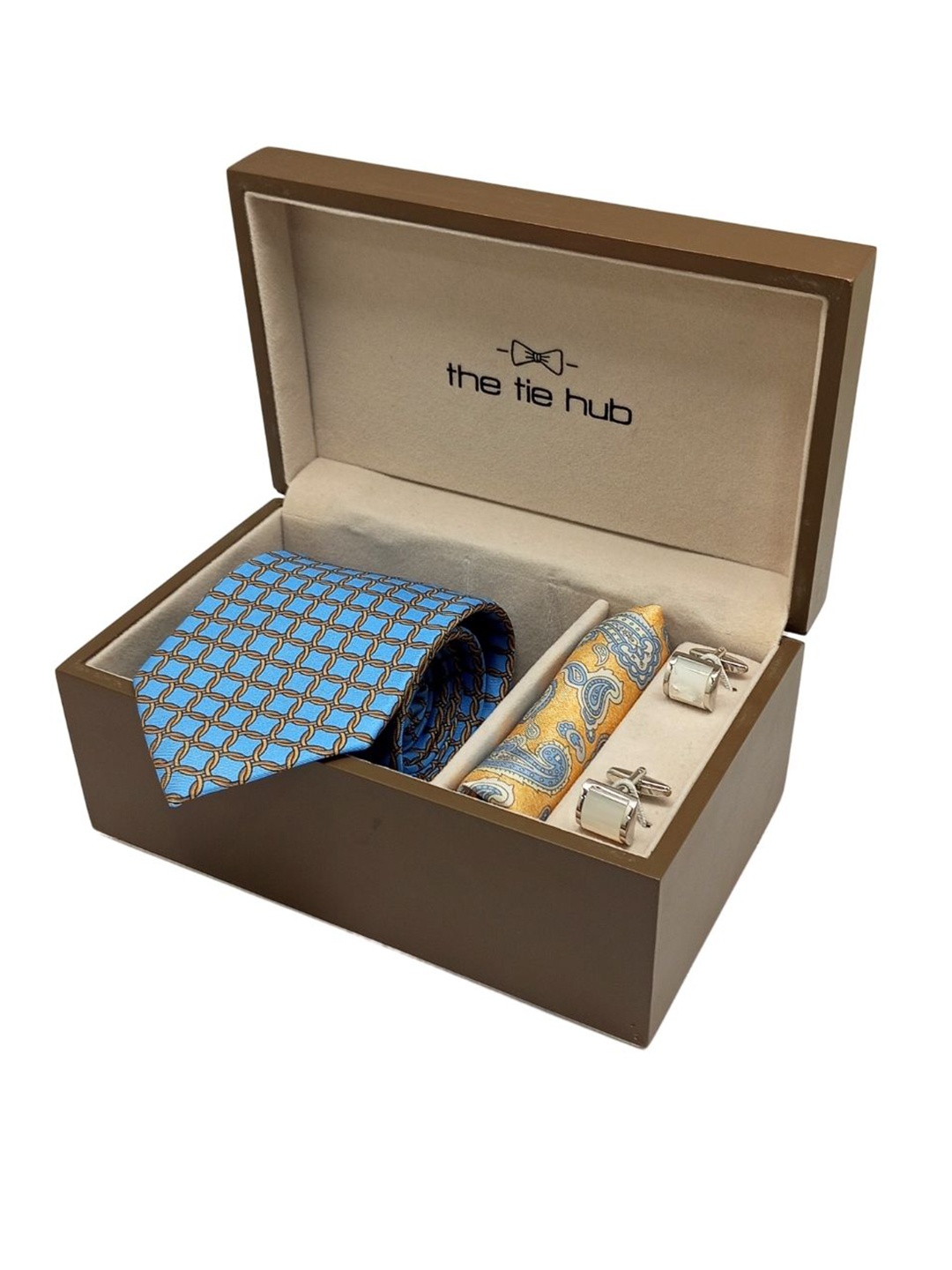 

The Tie Hub Men Accessory Gift Set of Silk Necktie with Silk Pocket Square & Cufflink, Blue