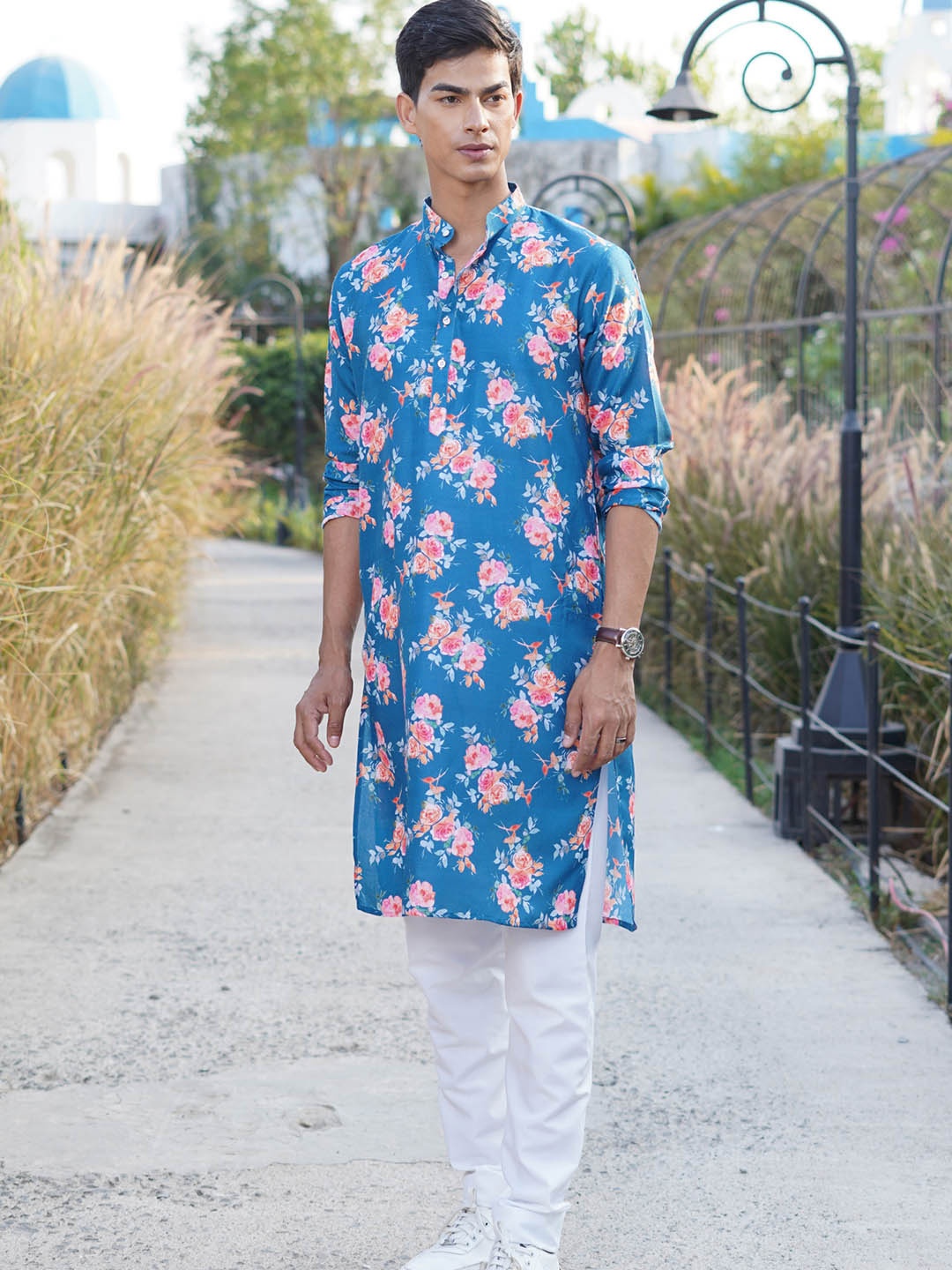 

SHIWAM ETHNIX Floral Printed Mandarin Collar Cotton Straight Kurta, Blue