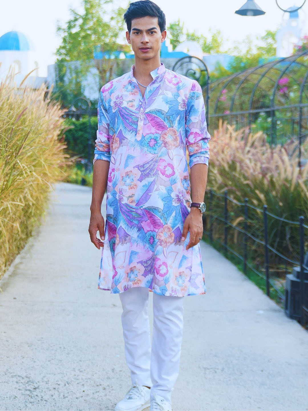 

SHIWAM ETHNIX Floral Printed Mandarin Collar Cotton Straight Kurta, Pink