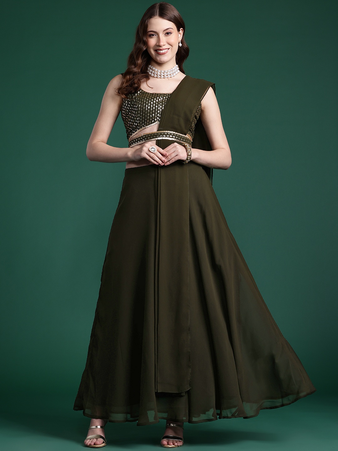 

Indo Era Embellished & Sequinned Ready to Wear Lehenga Choli With Dupatta, Green