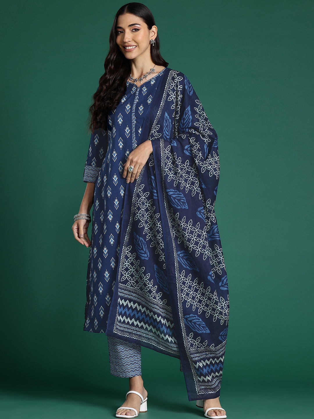 

Indo Era Ethnic Motifs Printed Regular Pure Cotton Kurta With Trousers & Dupatta, Blue