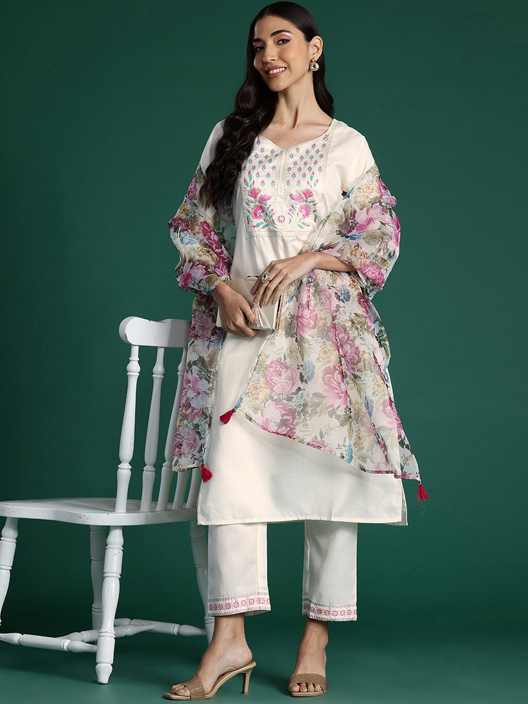 

Indo Era Yoke Design Zari Pure Cotton Kurta With Trousers & Dupatta, White