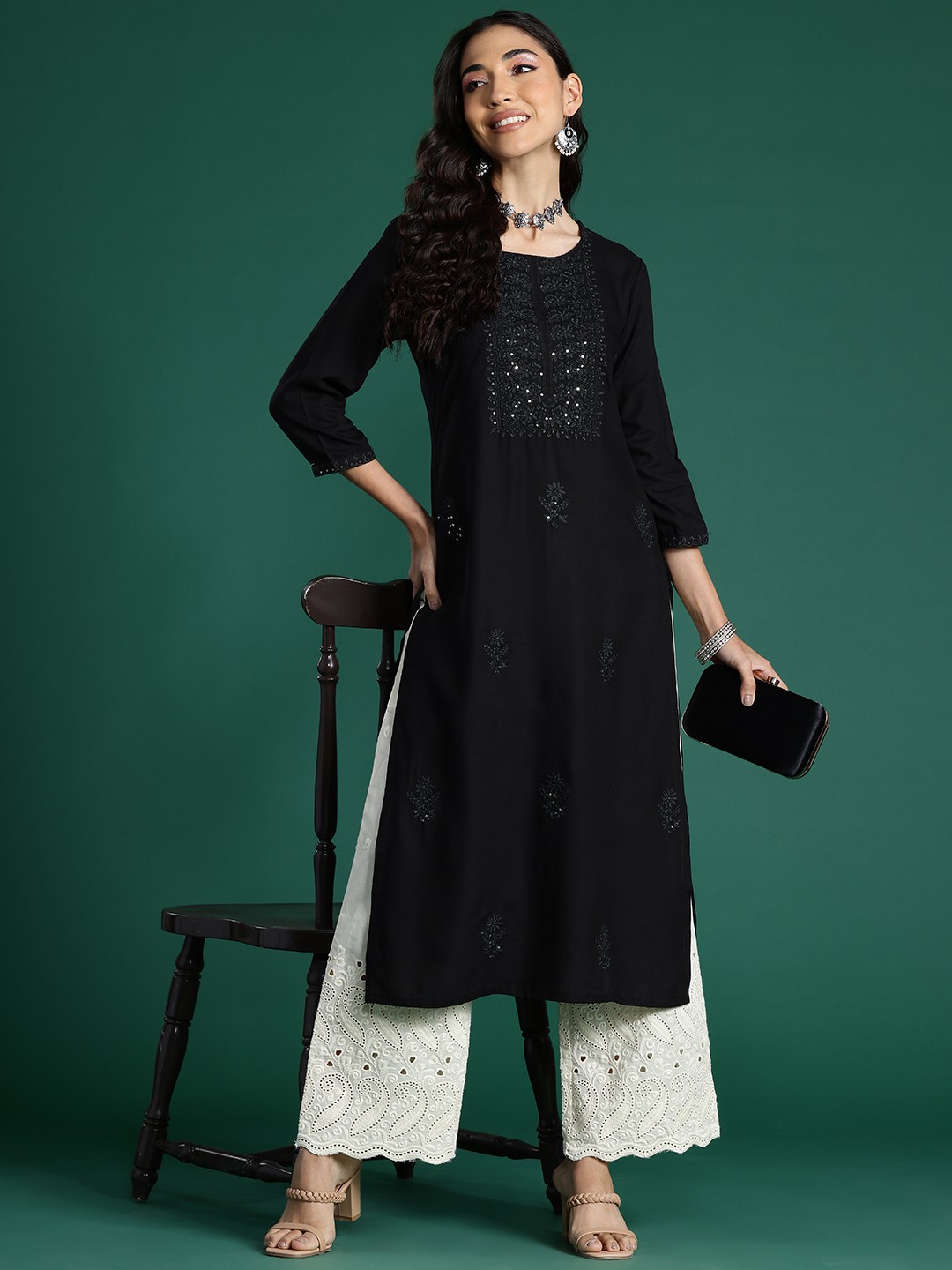 

Indo Era Floral Embroidered Thread Work Kurta, Black