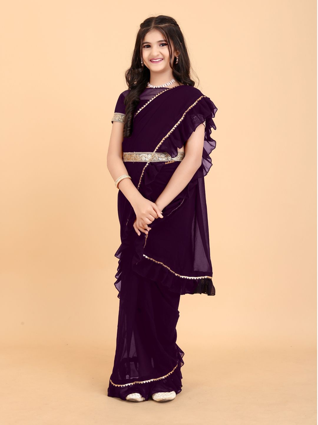 

Shrithi Fashion Fab Gotta Patti Pure Georgette Ready to Wear Ruffle Saree For Girls, Purple