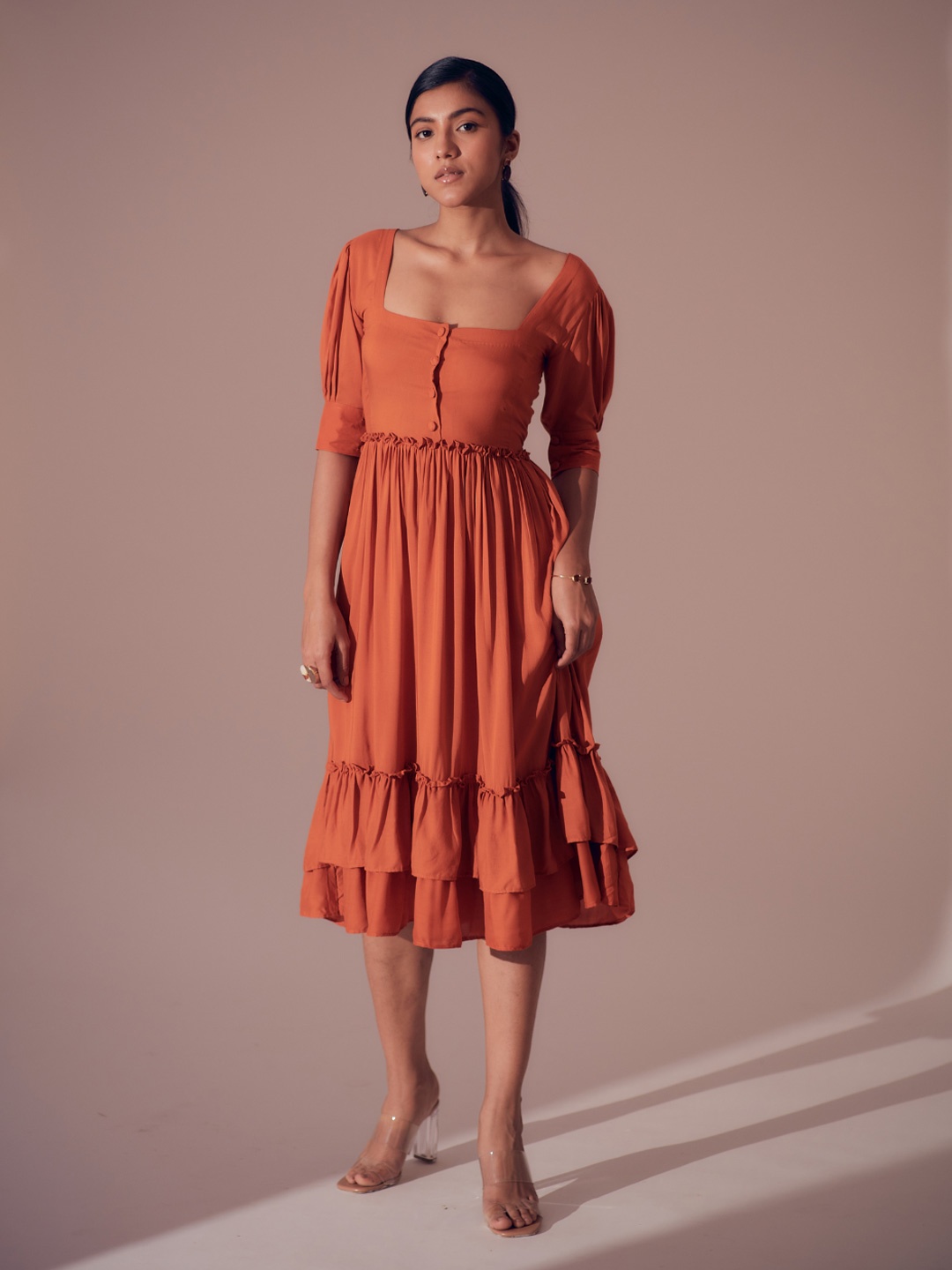 

SHIBUI Flared Sleeve Fit & Flare Dress, Orange