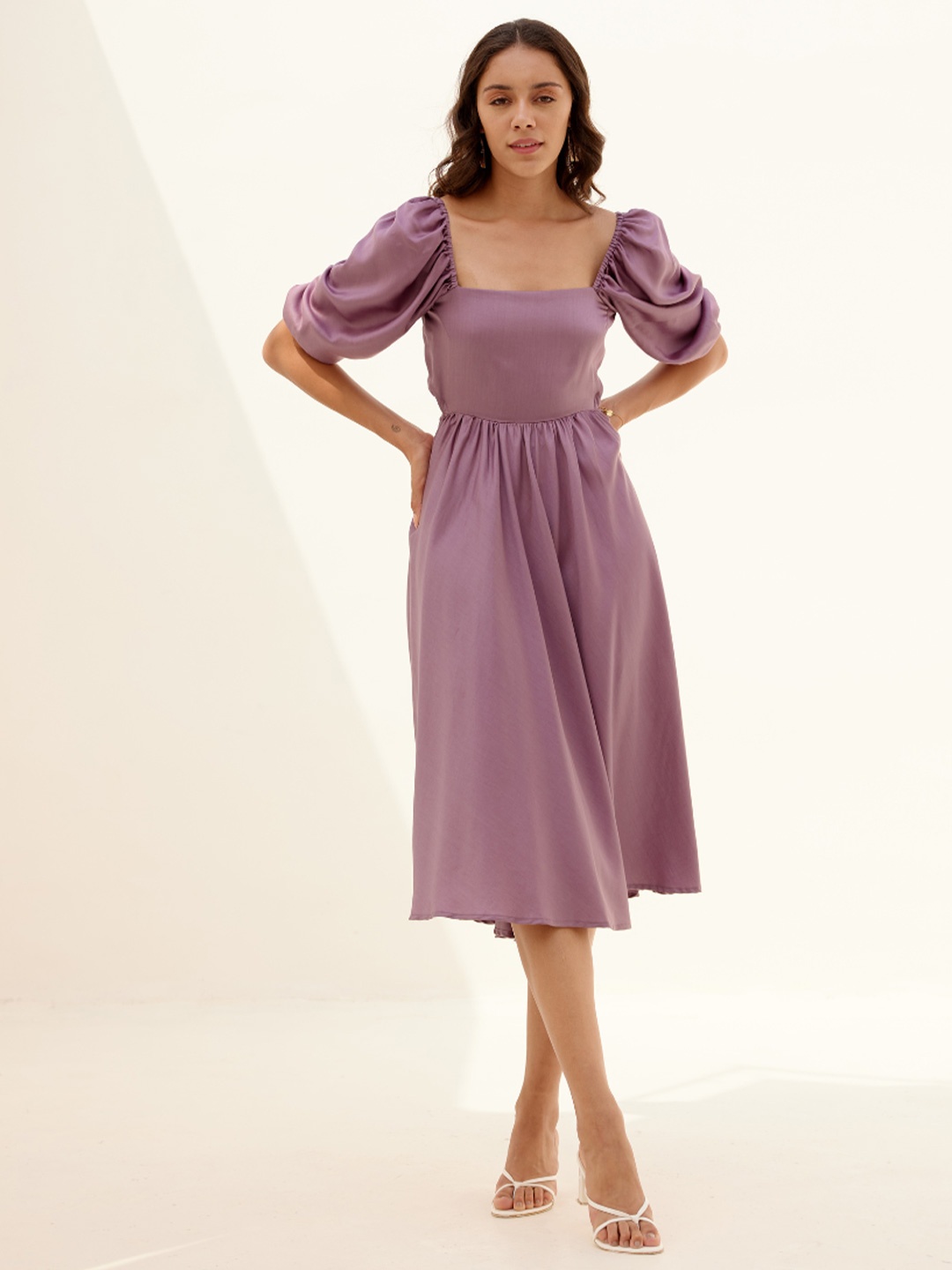 

SHIBUI Square Neck Solid Fit and Flare Dress, Lavender