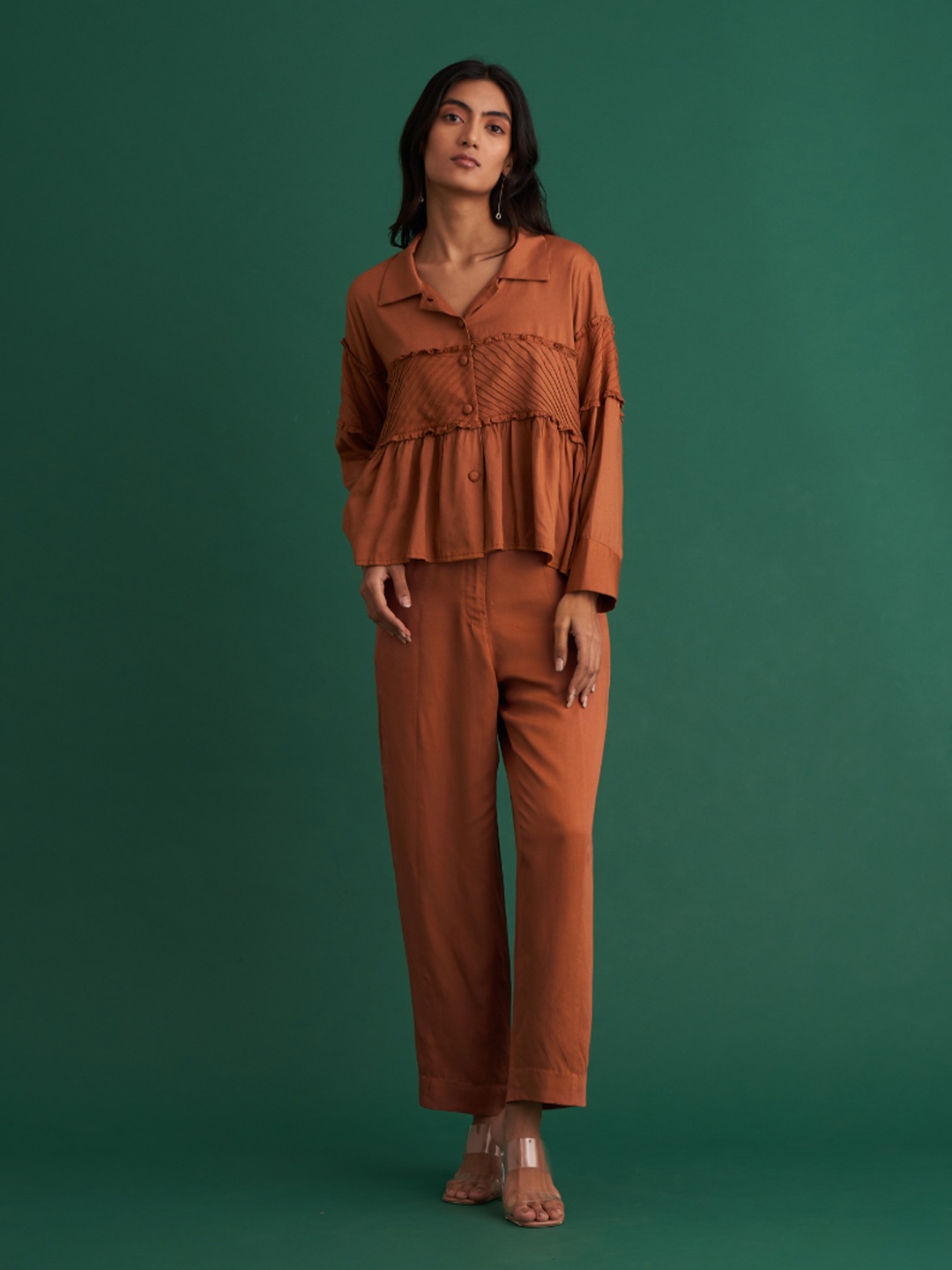

SHIBUI Women Solid Shirt & Trousers Co-Ords, Brown