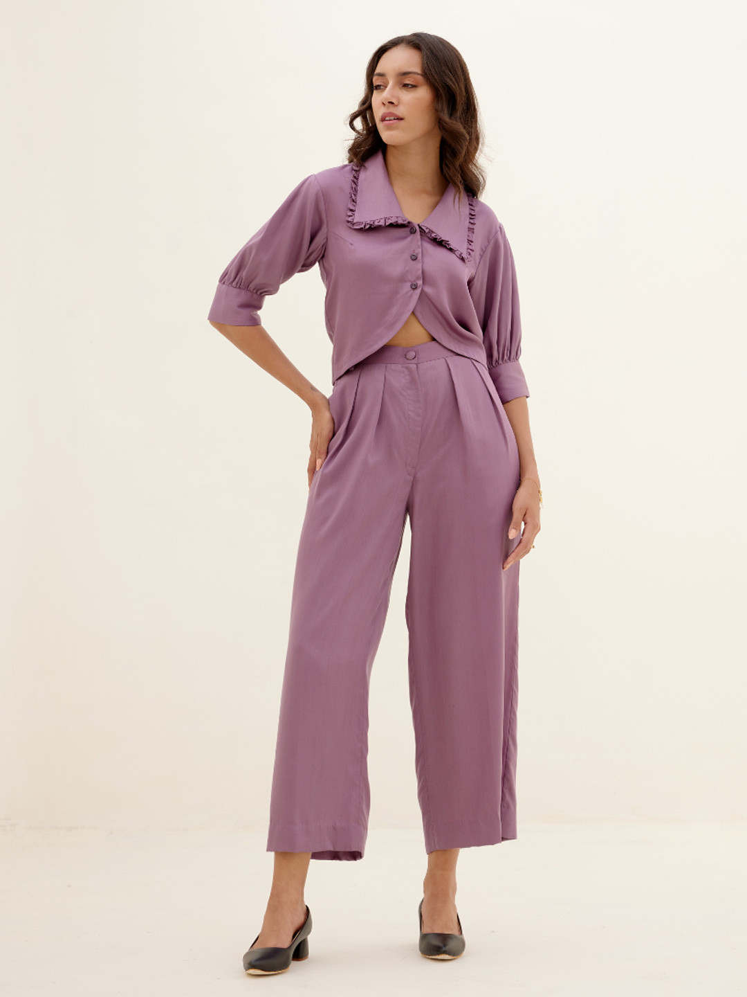 

SHIBUI Women Solid Shirt With Trousers Co-Ords, Lavender