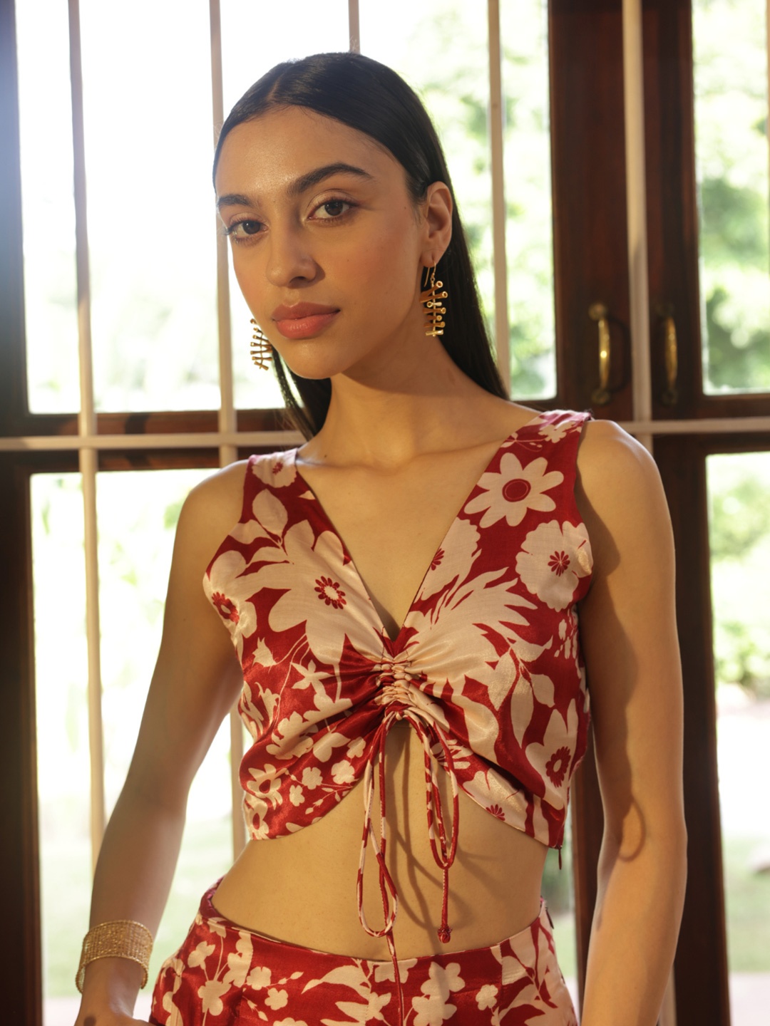 SHIBUI Women Floral Printed Pure Silk Top, Red