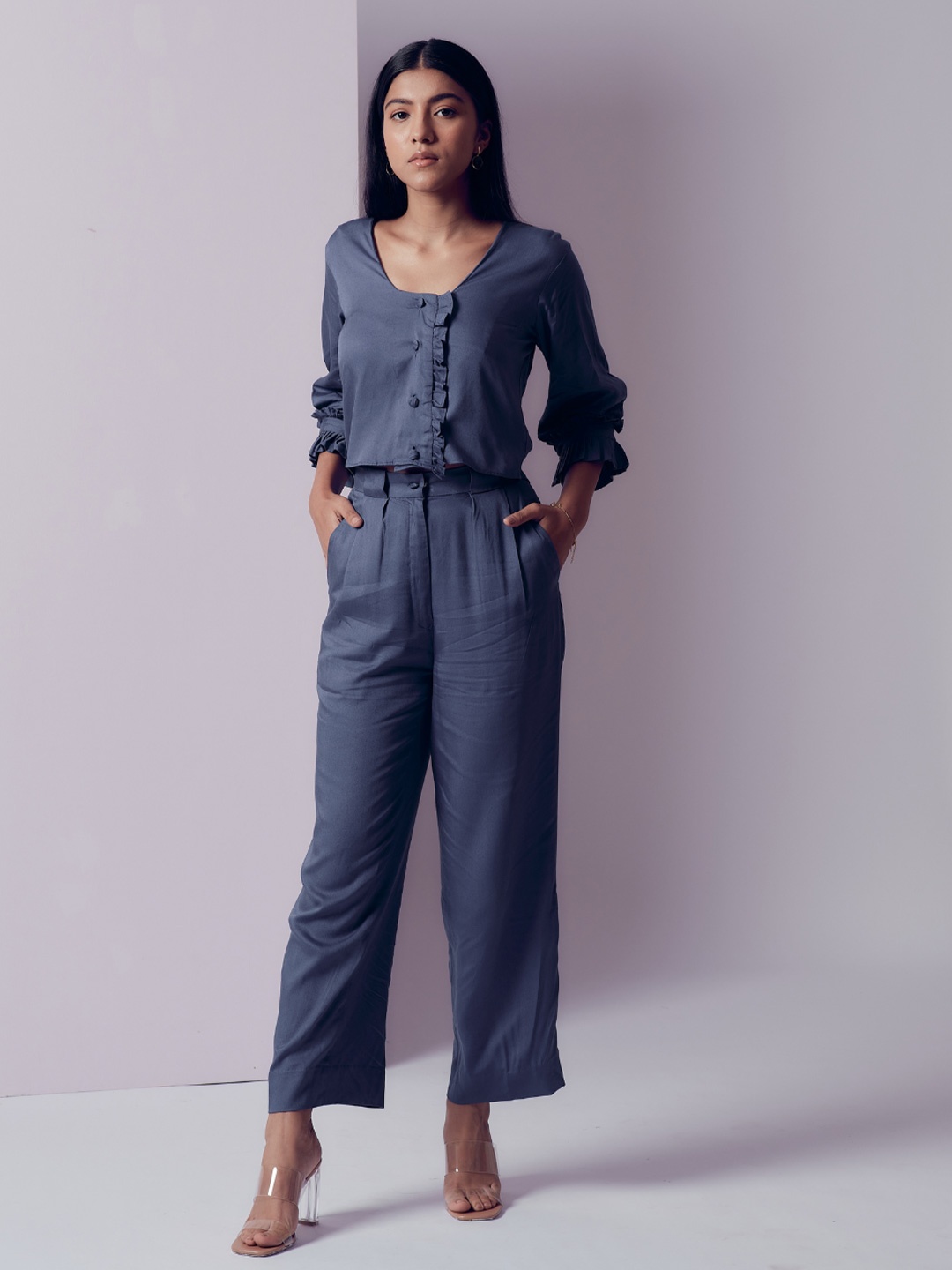

SHIBUI Women Tailored High-Rise Trousers, Blue