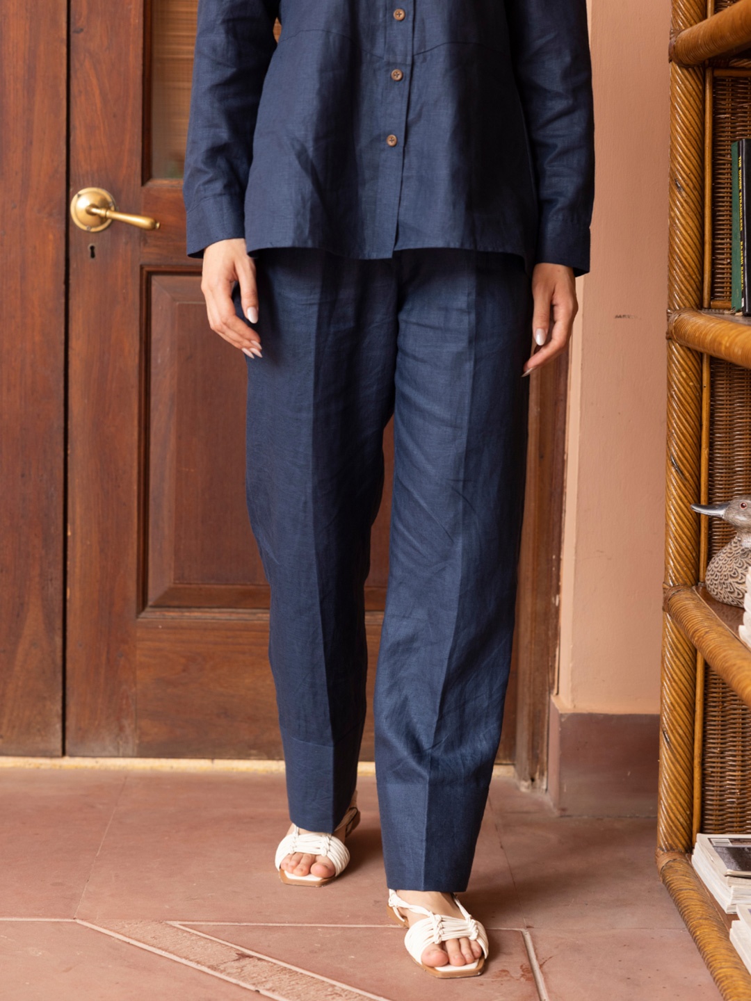 

SHIBUI Women Striped Tailored High-Rise Trousers, Navy blue
