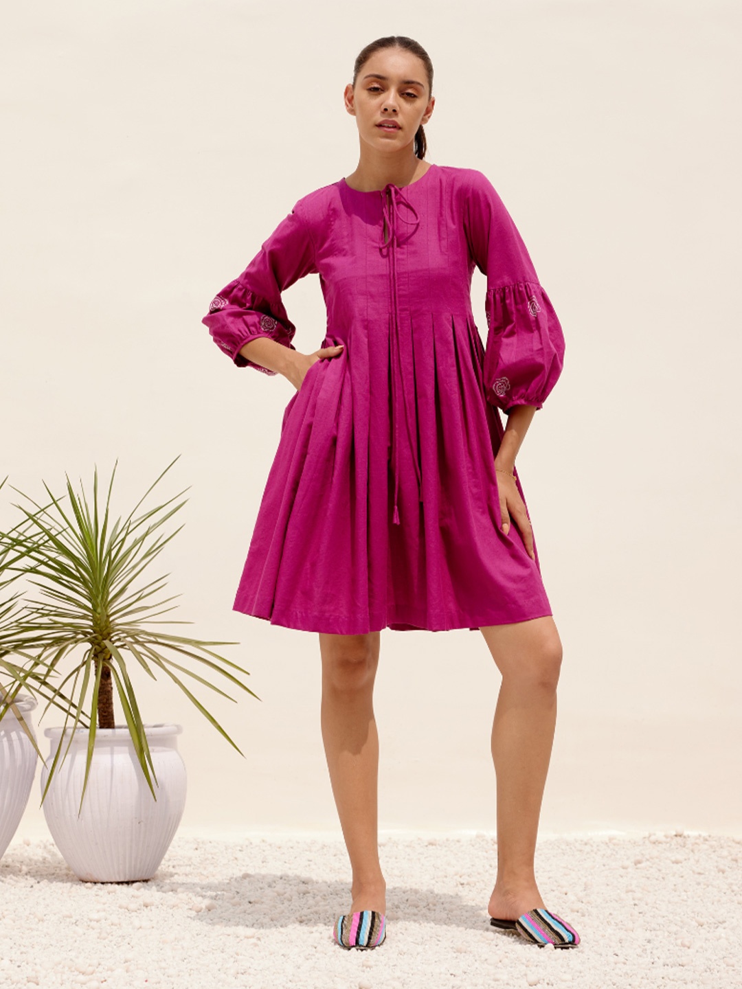 SHIBUI Solid Above Knee A-Line Dress, Magenta