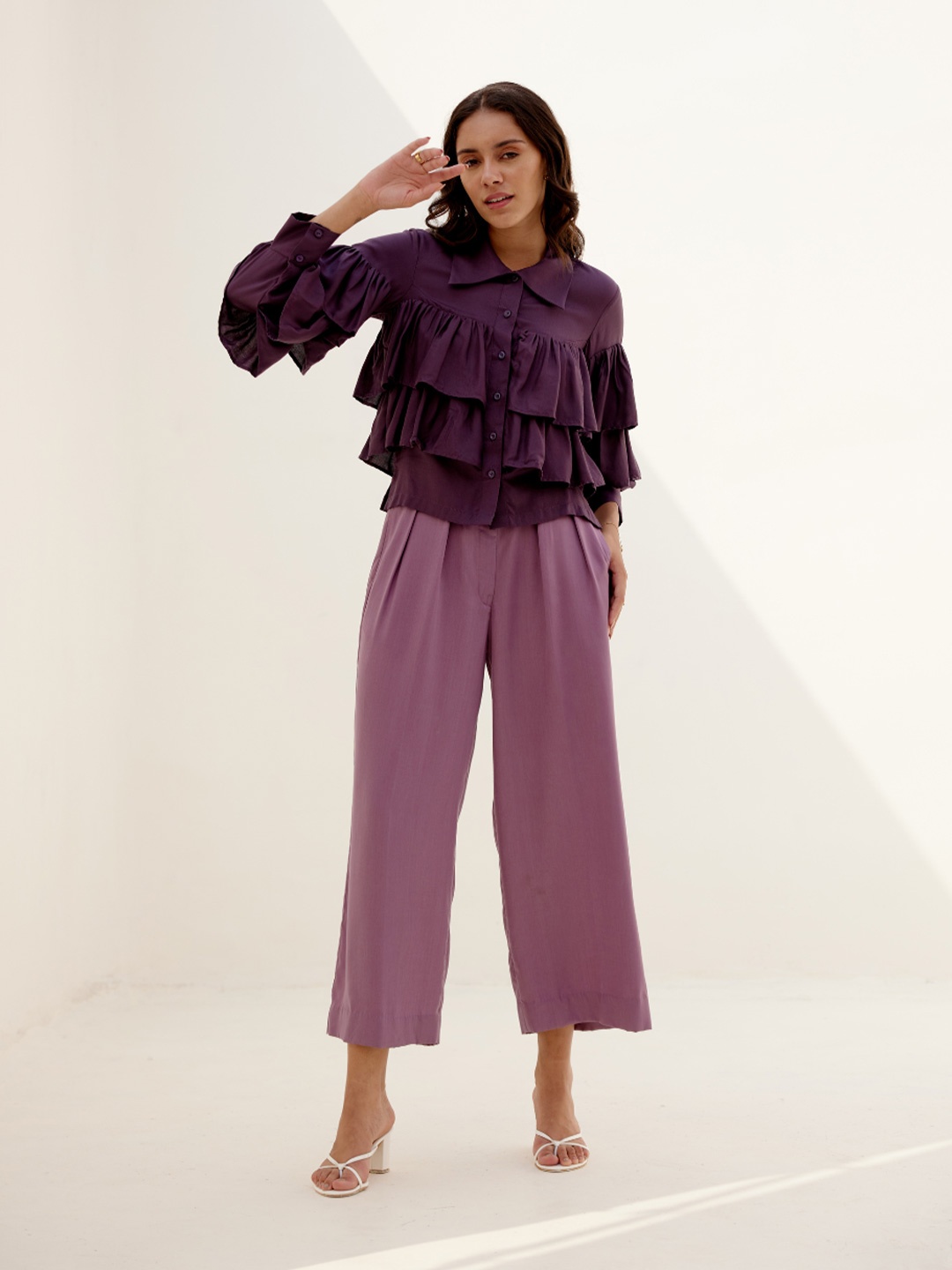 

SHIBUI Grace Shirt Collar Layered Top With Trousers, Lavender