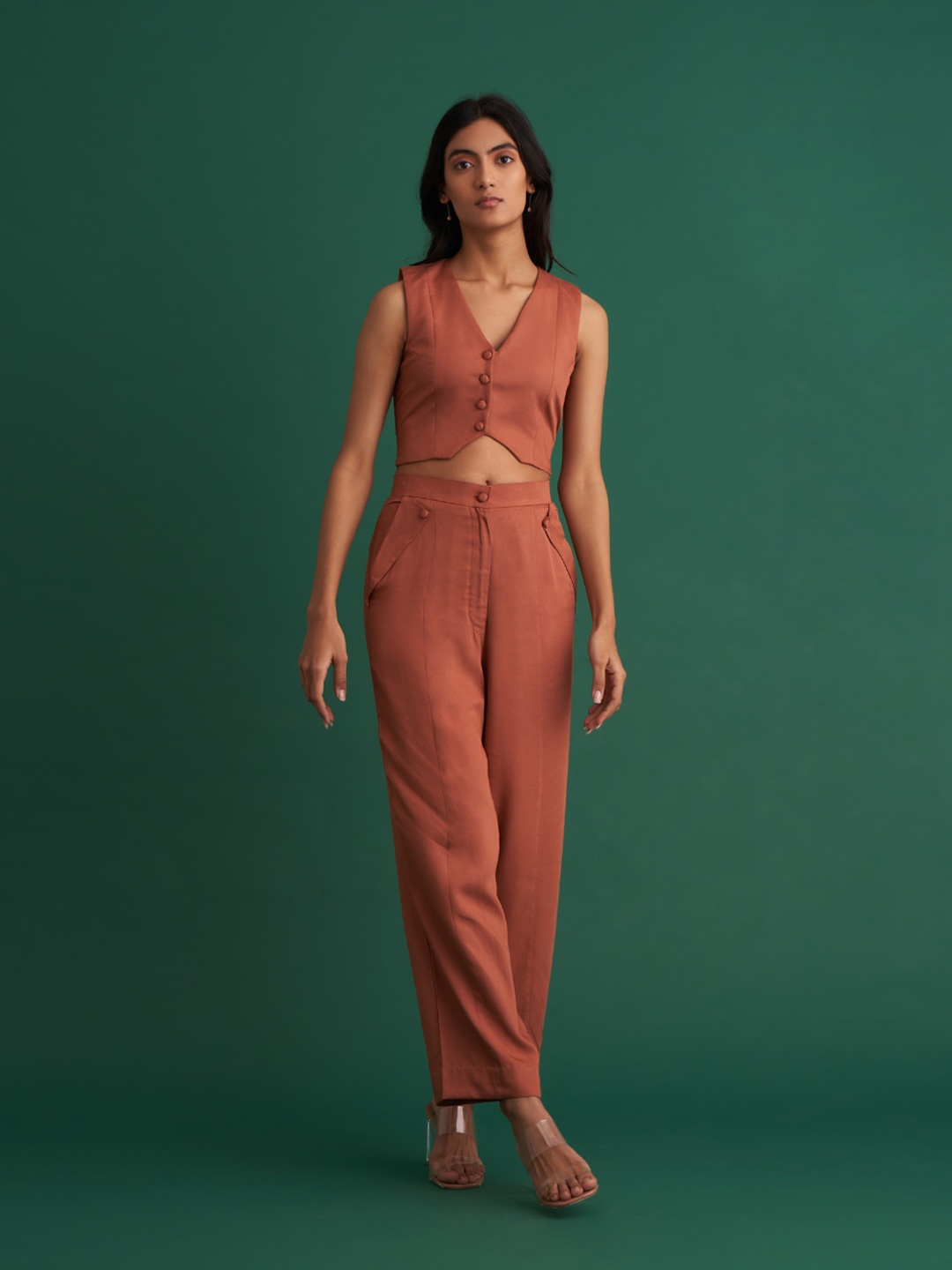 

SHIBUI Women Solid Top & Trousers Co-Ords, Rust