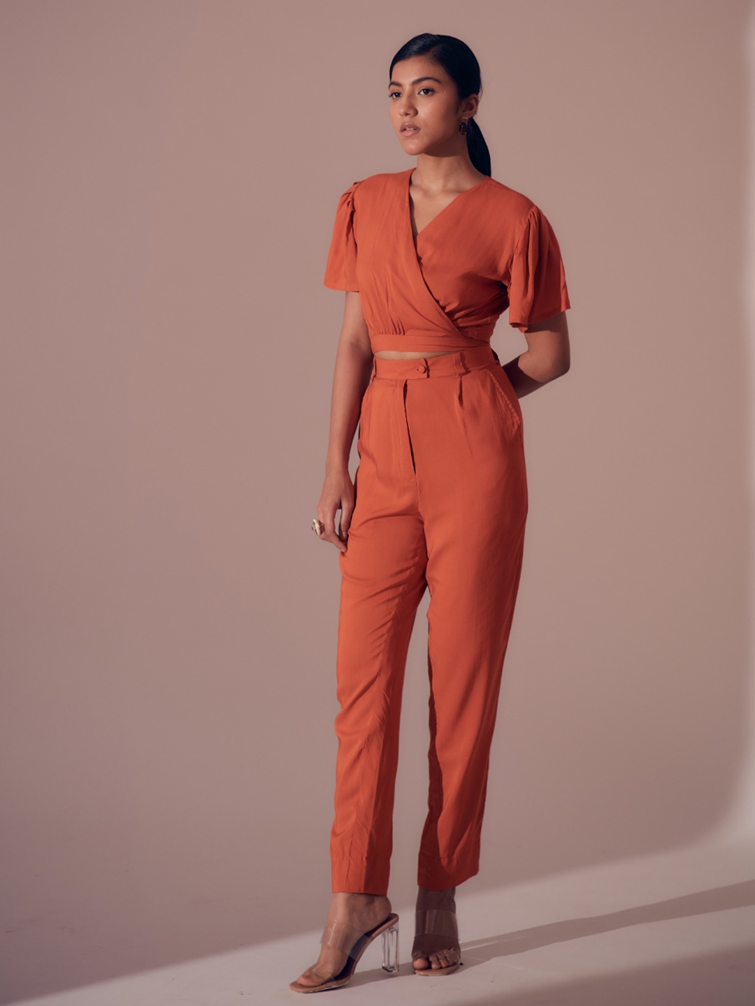 SHIBUI Women Tailored High-Rise Pleated Trousers, Orange