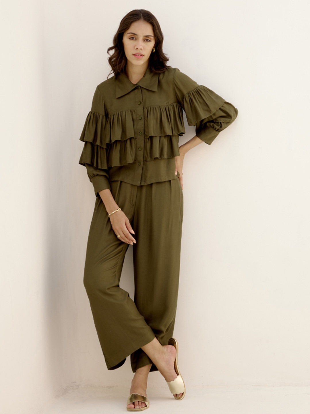 SHIBUI Women Shirt Collar Puff Sleeves Top, Olive