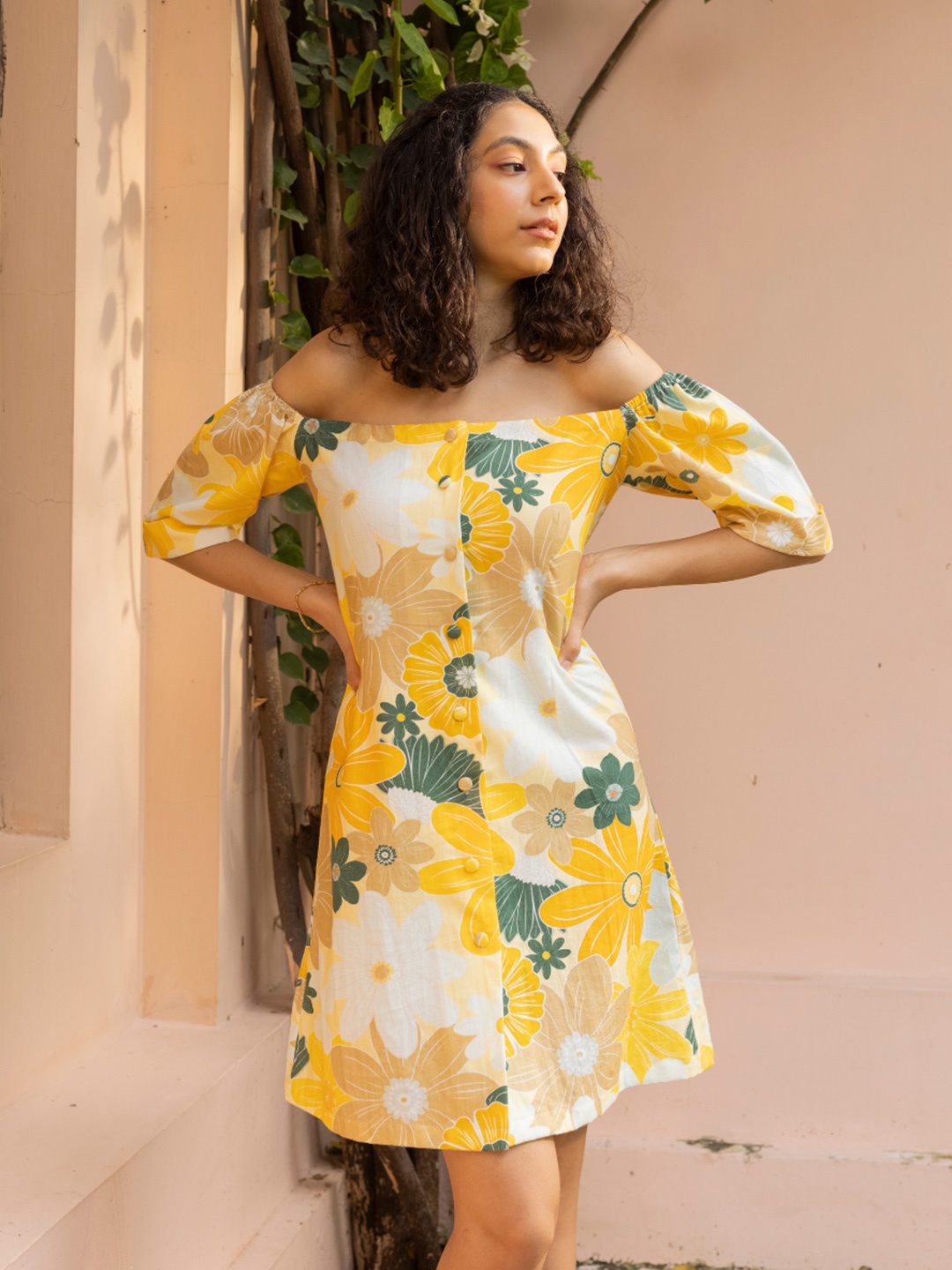 

SHIBUI Floral Print Off-Shoulder Organic Cotton A-Line Dress, Yellow