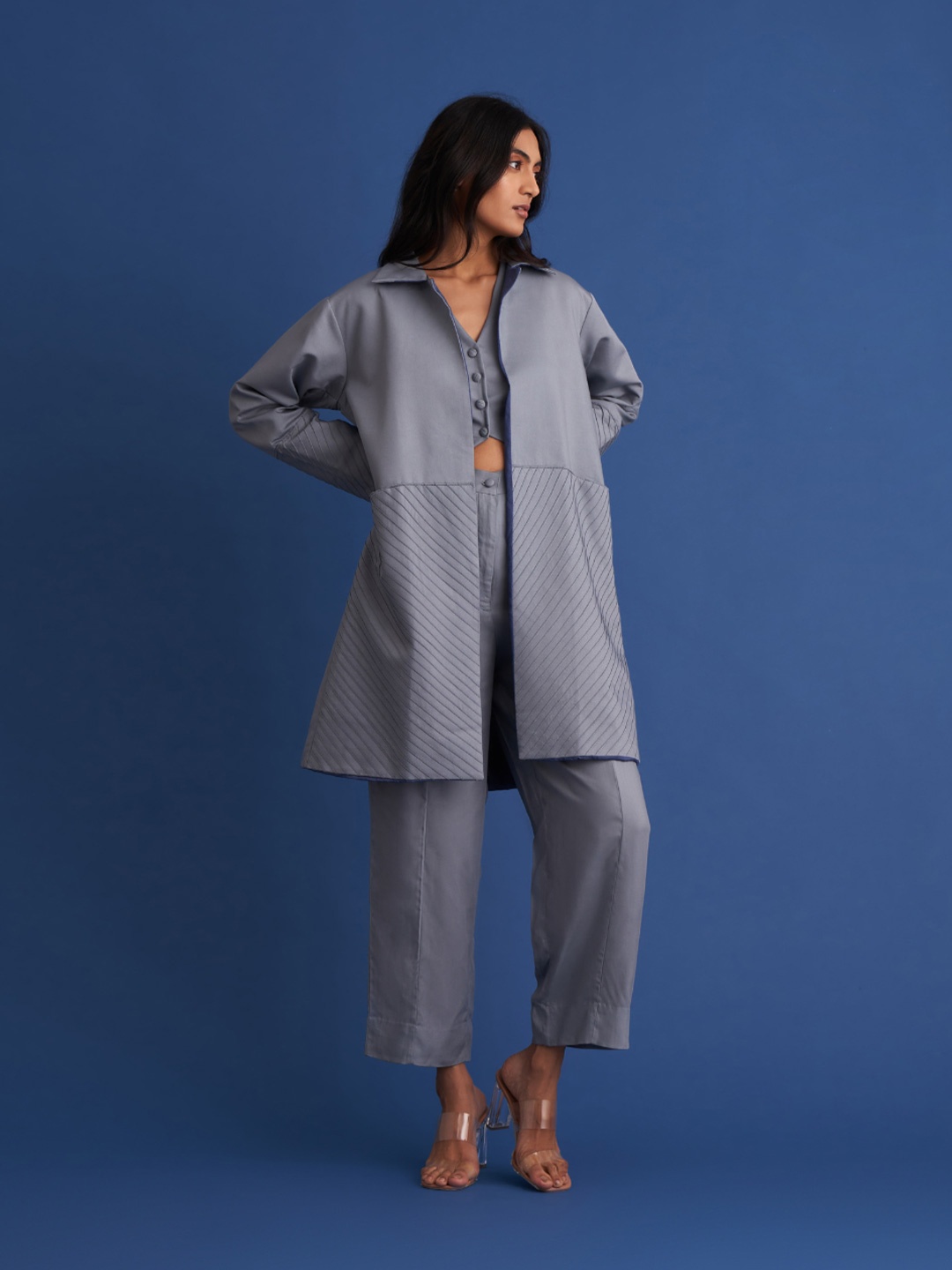 

SHIBUI Reversible Longline Open Front Jacket, Grey