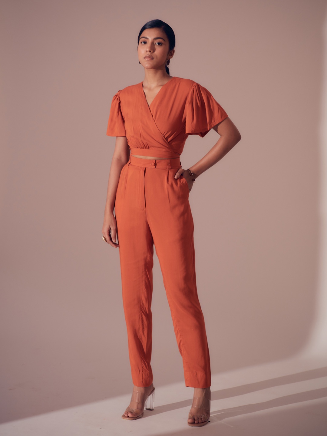 SHIBUI Extended Sleeves Wrap Top, Orange