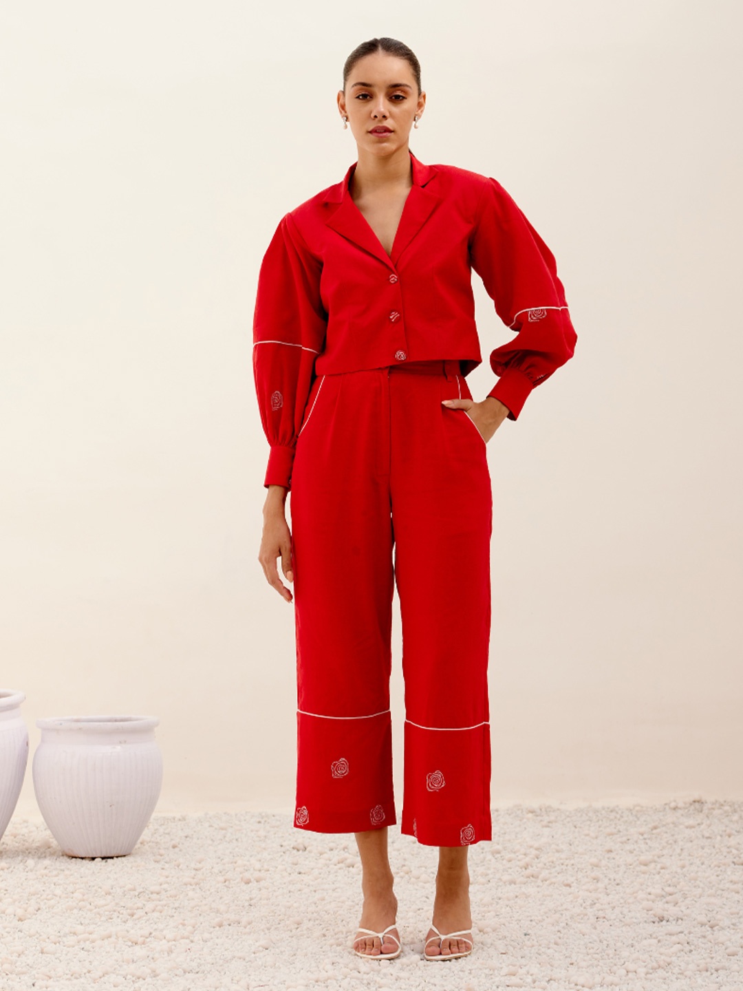 SHIBUI Cosmos Notched Lapel Collar Single-Breasted Blazer, Red