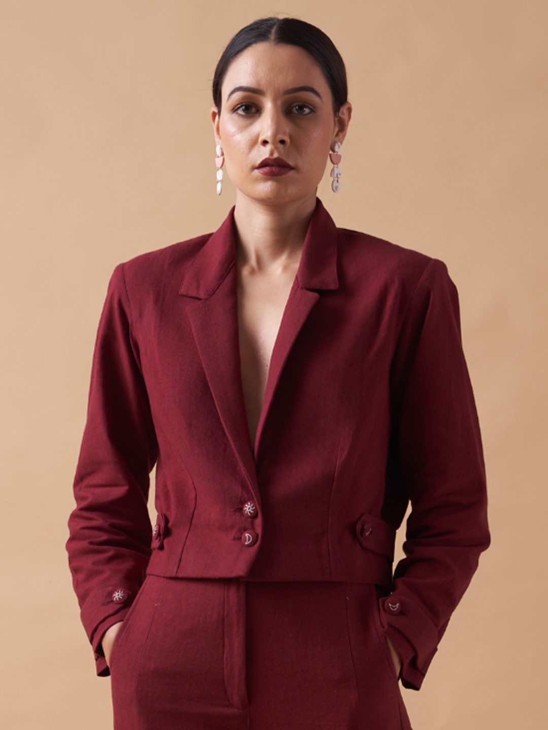 

SHIBUI Notched Lapel Single-Breasted Cotton Blazer, Maroon