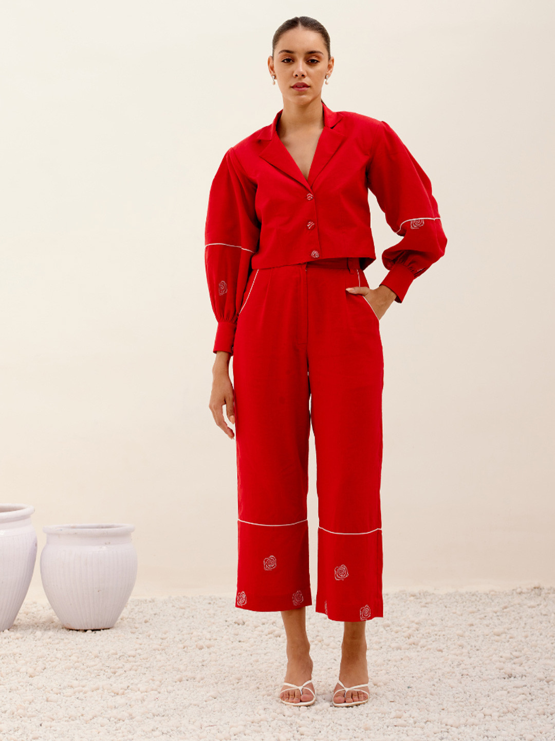 

SHIBUI Notch Lapel Collar Long Sleeves Coat & Trousers, Red