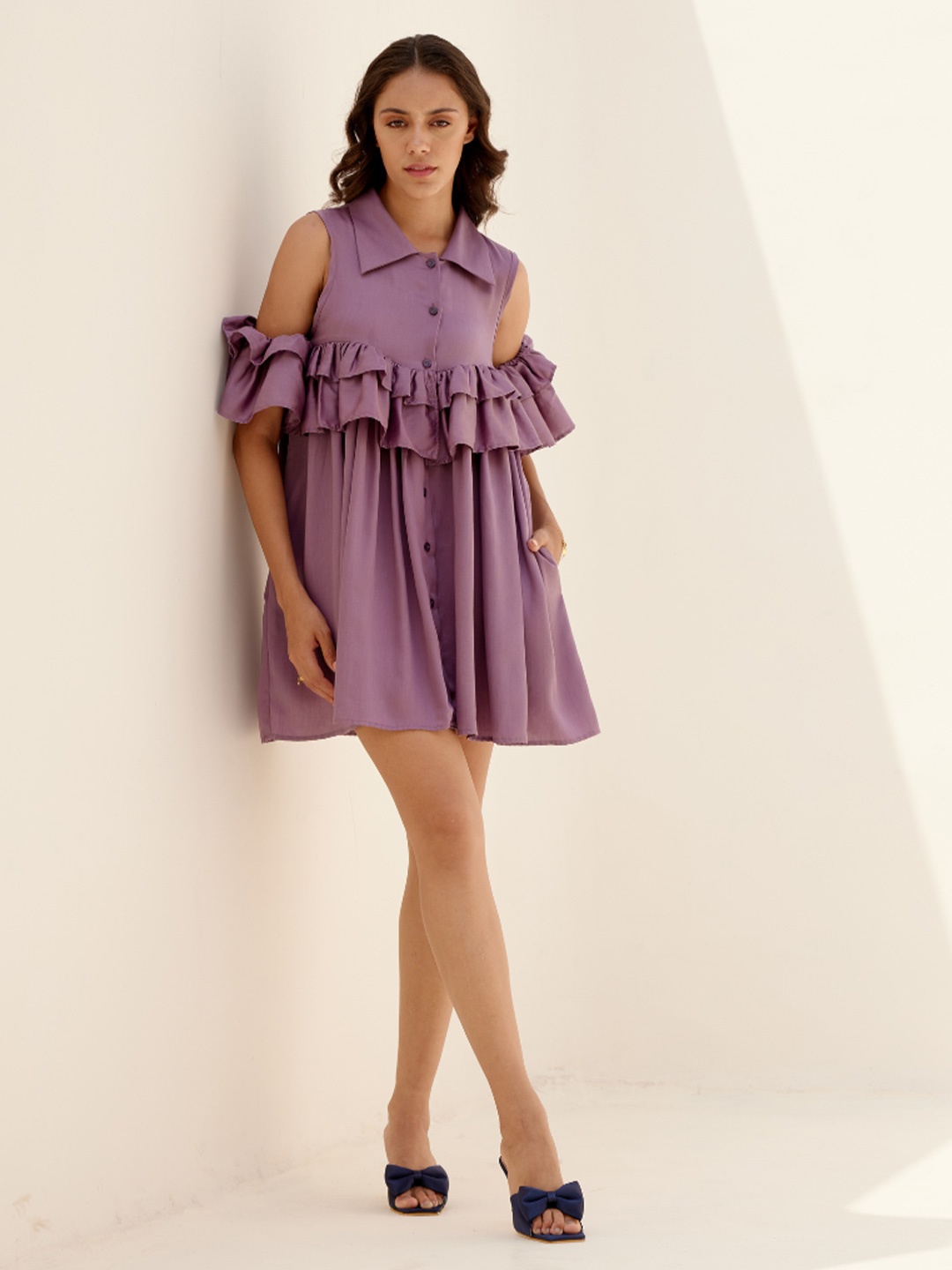

SHIBUI Solid Shirt Collar A-Line Dress, Lavender