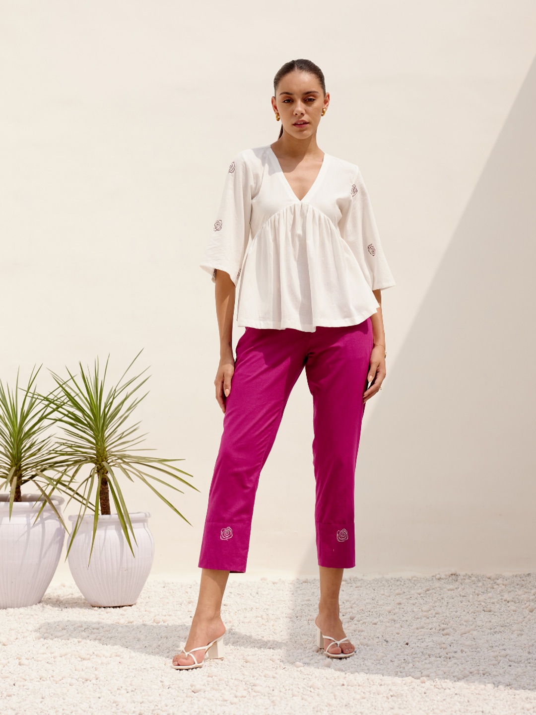 

SHIBUI Breathe Embroidered Top With Trousers, White