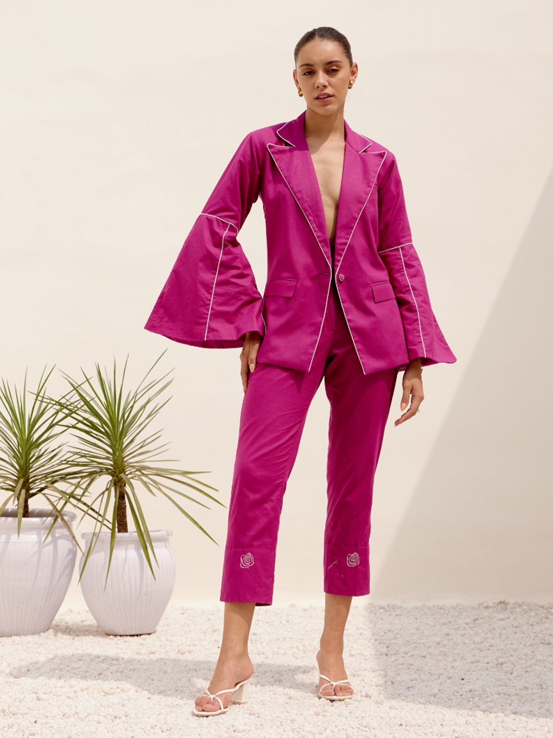 SHIBUI Joy Lapel Collar Bell Sleeves Blazer With Trousers, Magenta